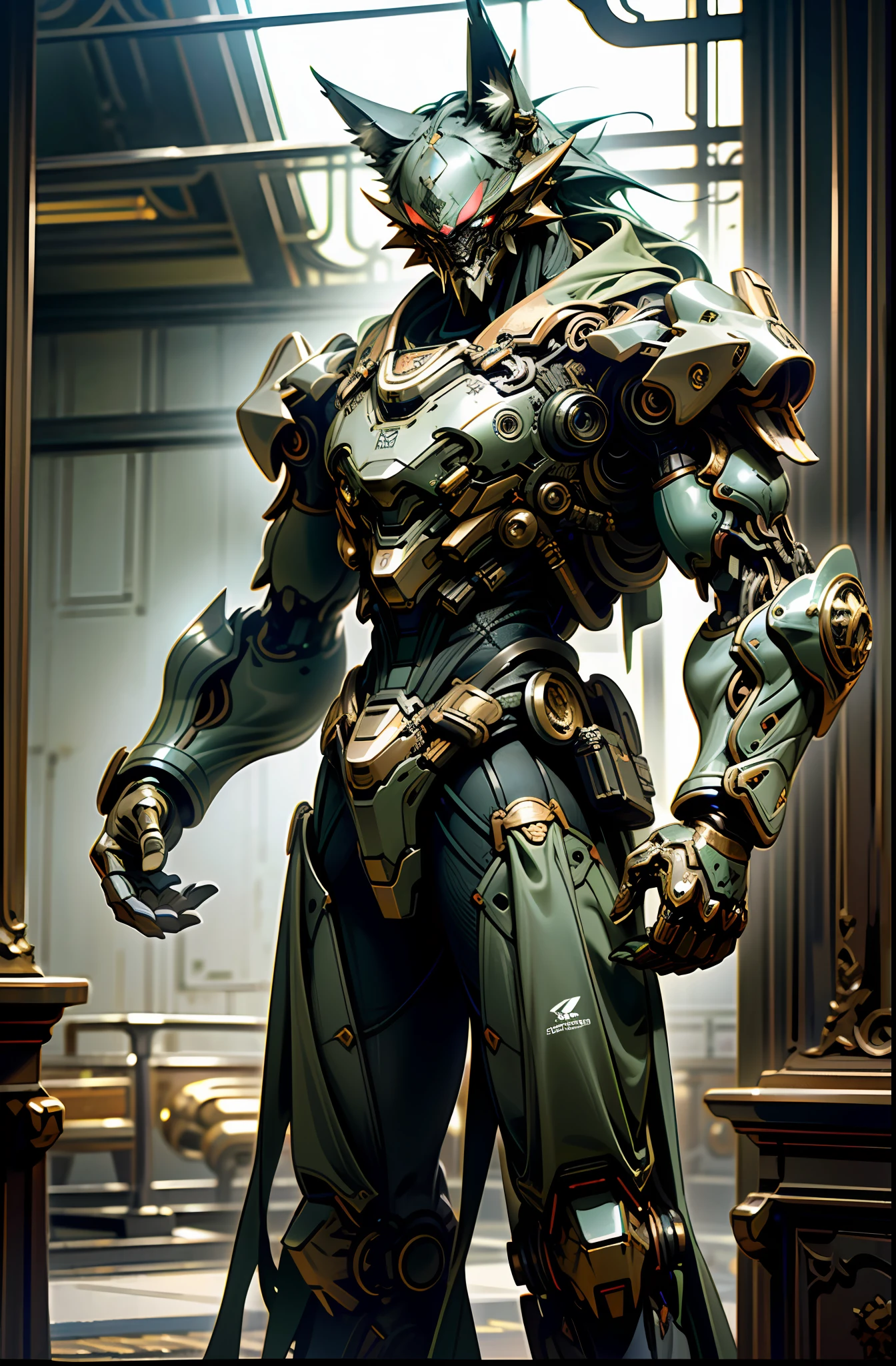 Dark_Fantasy, Cyberpunk, (wolf, wolf man, Green:1.1), (random city building), (masterpiece, 32k resolution, ultra-realistic, very detailed), wearing shabby mech suits, intricate, (steel metal [rusty]), elegant, clear focus, photographed by greg rutkowski, soft lighting, bright colors, masterpiece, (((urban architecture)), cowboy shooting, dynamic pose, Exquisite eyes, detailed background, perfect face, exquisite facial features, high resolution, high quality, high detail, colorful, exquisite wallpaper, glitter particles, realistic, OC rendering, supreme masterpiece,