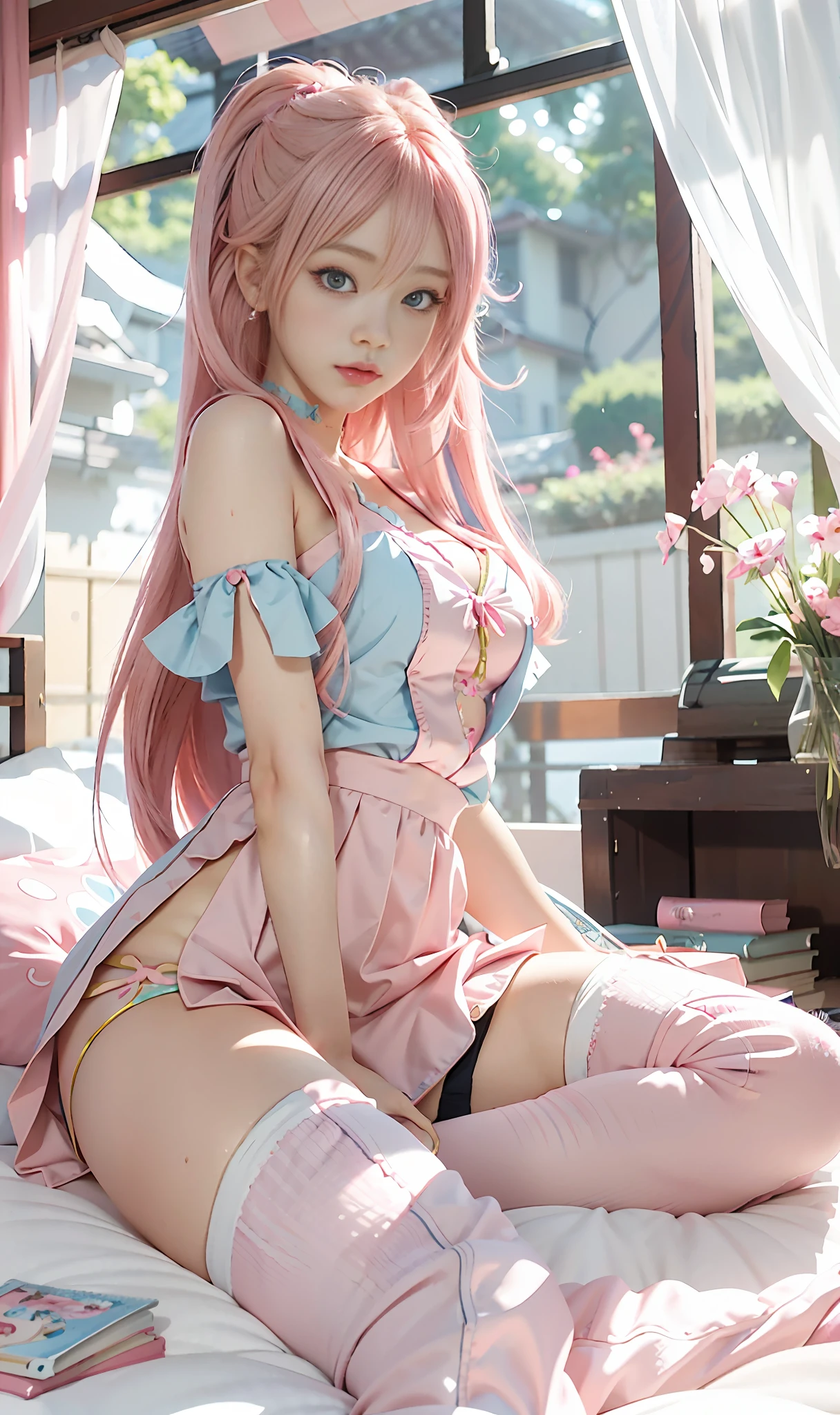 Anime girl with pink hair and blue eyes sitting on bed,  anime girl, anime goddess, cute anime gaifu wearing beautiful clothes, little curvy loli, highest rated anime CG art on pixiv, marin kitagawa doujin art, pink two-tailed hair and cyan eyes, beautiful anime girl, beautiful anime girl, attractive anime girl Genshin Shinkai
