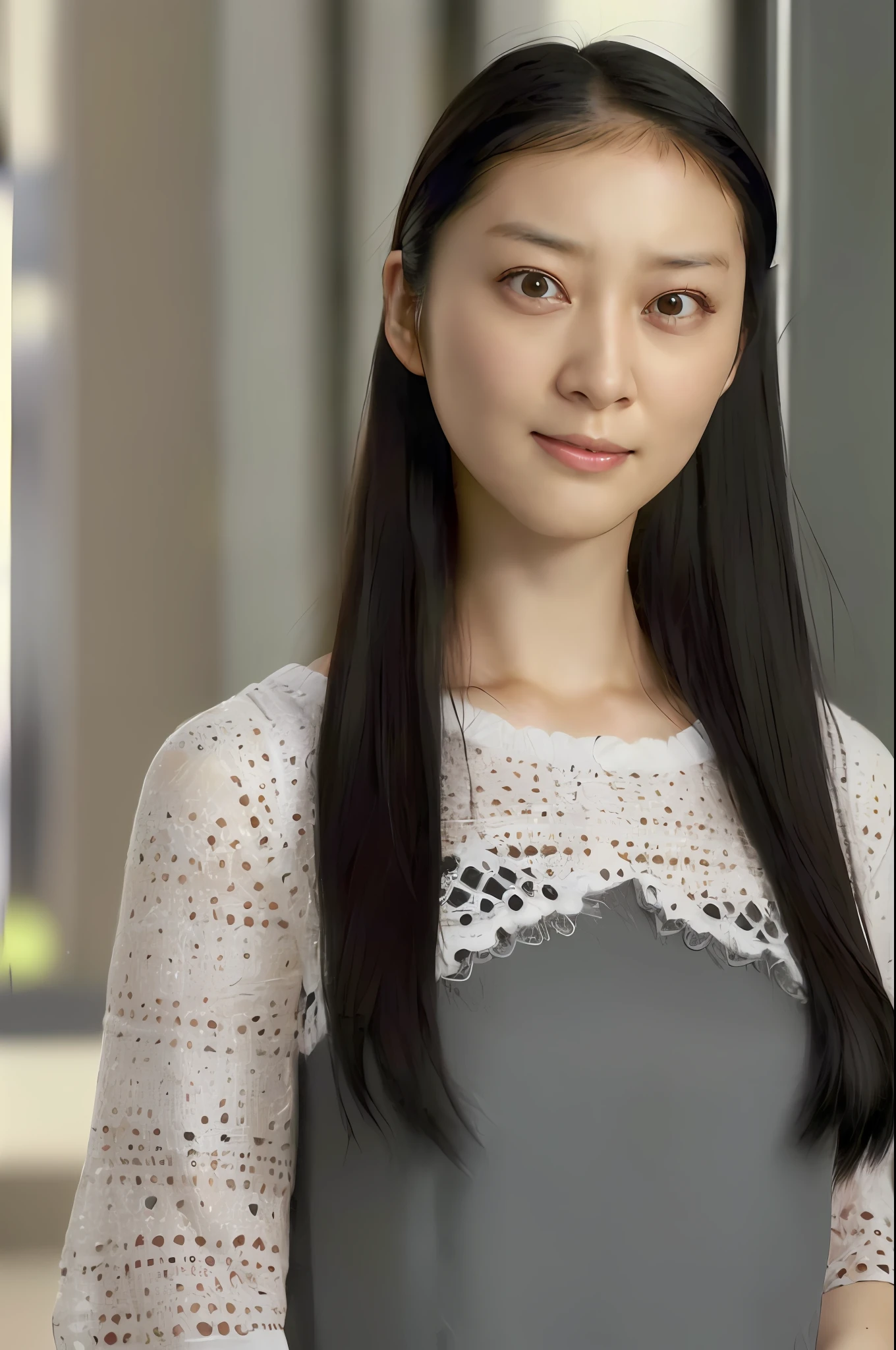(4k, best quality, highres:1.2), (realistic, photo-realistic:1.37), Emi Takei, 1girl, solo, black_hair, long hair, realistic, (looking_at_viewer:1.3), dress, lips, nose, detailed eyes, (pale skin:1.3),
