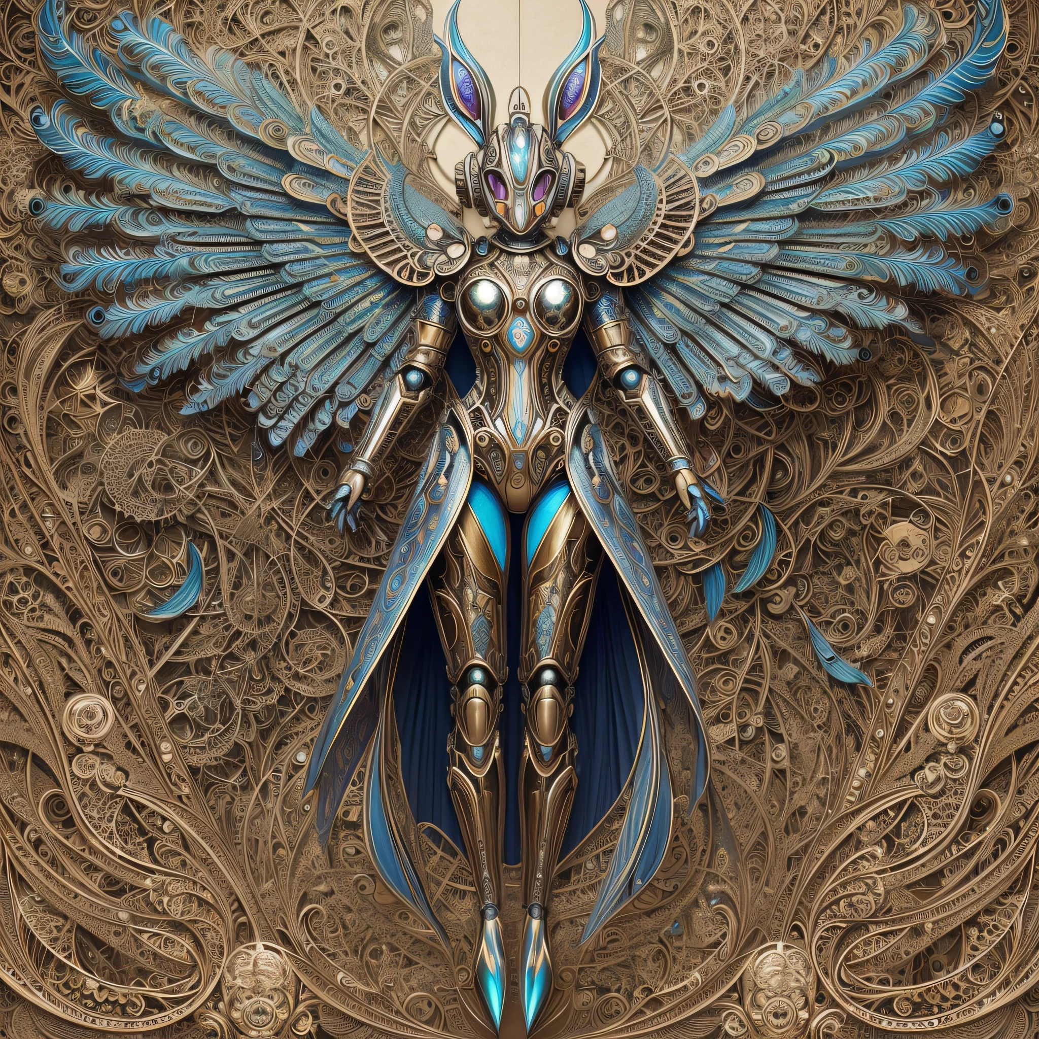 Robot Mechanical Rabbit, Robot Wings, Ernst Haeckel, James Jean. generative art, baroque, intricate patterns, fractalism, film stills, realism, vibrant peacock feathers, intricate, elegant, very detailed, digital painting, artstation, smooth, clear focus, illustration, outrun, vaporware, full body shot --auto --s2