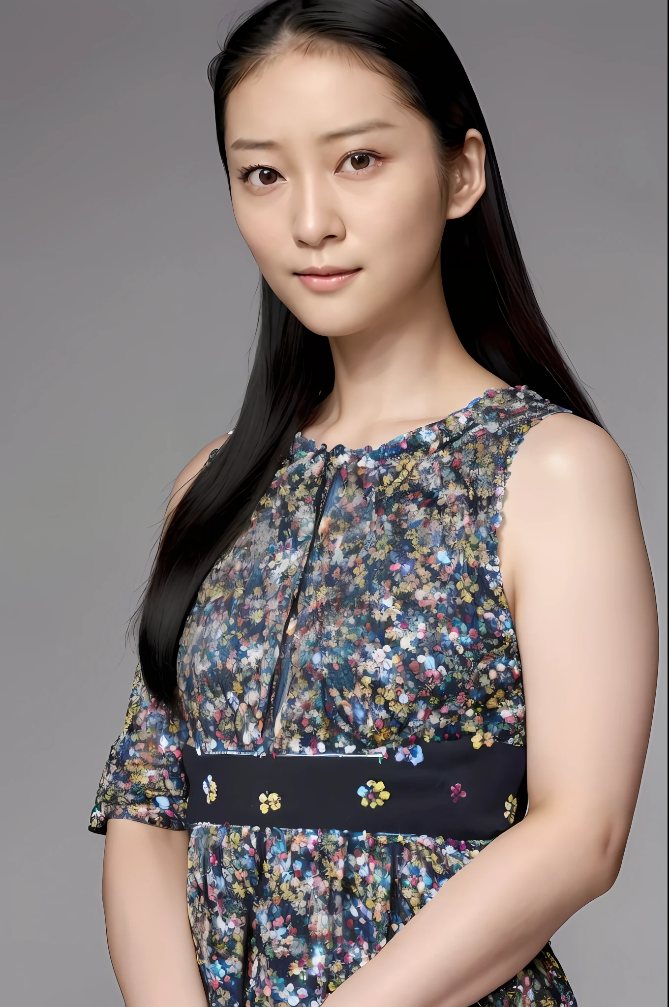 (4k, best quality, highres:1.2), (realistic, photo-realistic:1.37), Emi Takei, 1girl, solo, black_hair, long hair, realistic, (looking_at_viewer:1.3), dress, lips, nose, detailed eyes, (pale skin:1.3),