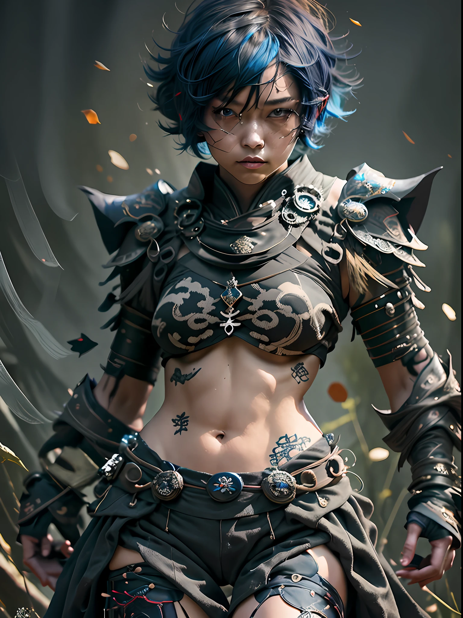 Strong woman with short blue hair, with black Japanese armor on the torso, with bare arms and black gauntlets, wearing black baggy Japanese pants