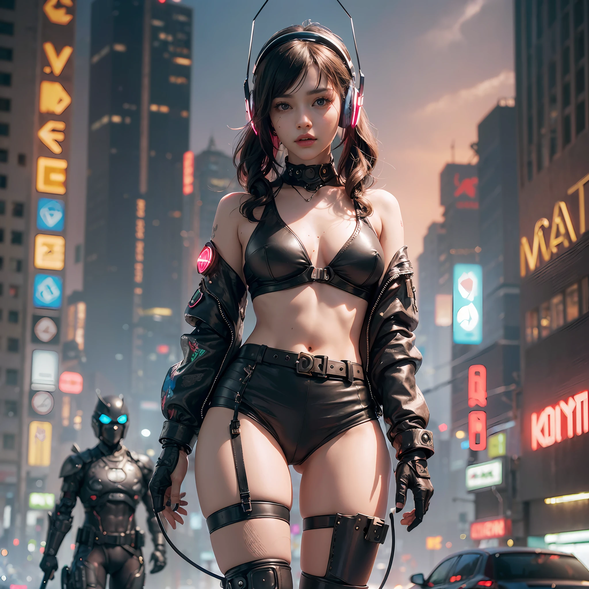 Ompt Transcript of top quality, realistic, photorealistic, award-winning illustrations, (intricate details: 1.2), (delicate details), (intricate details), (cinematic light, highest quality backlighting), clear lines, sharp focus, official art, Unity 8k wallpapers, absurdity, incredible absurdity, huge file size, ultra (in_ main_street:1.21), (Neon lamp), fantasy art, RTX, ((Close-up photo of a triangle in the award-winning studio)), 1 boy, half body, (full tattoo), (mouth closed), small breasts, ((Cyberpunk City Street, Battle Maiden, Katana, Robot Arm)), (Cyberpunk City Street, Battle Maiden, Katana, Robot Arm)), (Cyberpunk Blouse, Leather Jacket, Martin Boots), (headphones_around_neck), (headphones_around_hair)