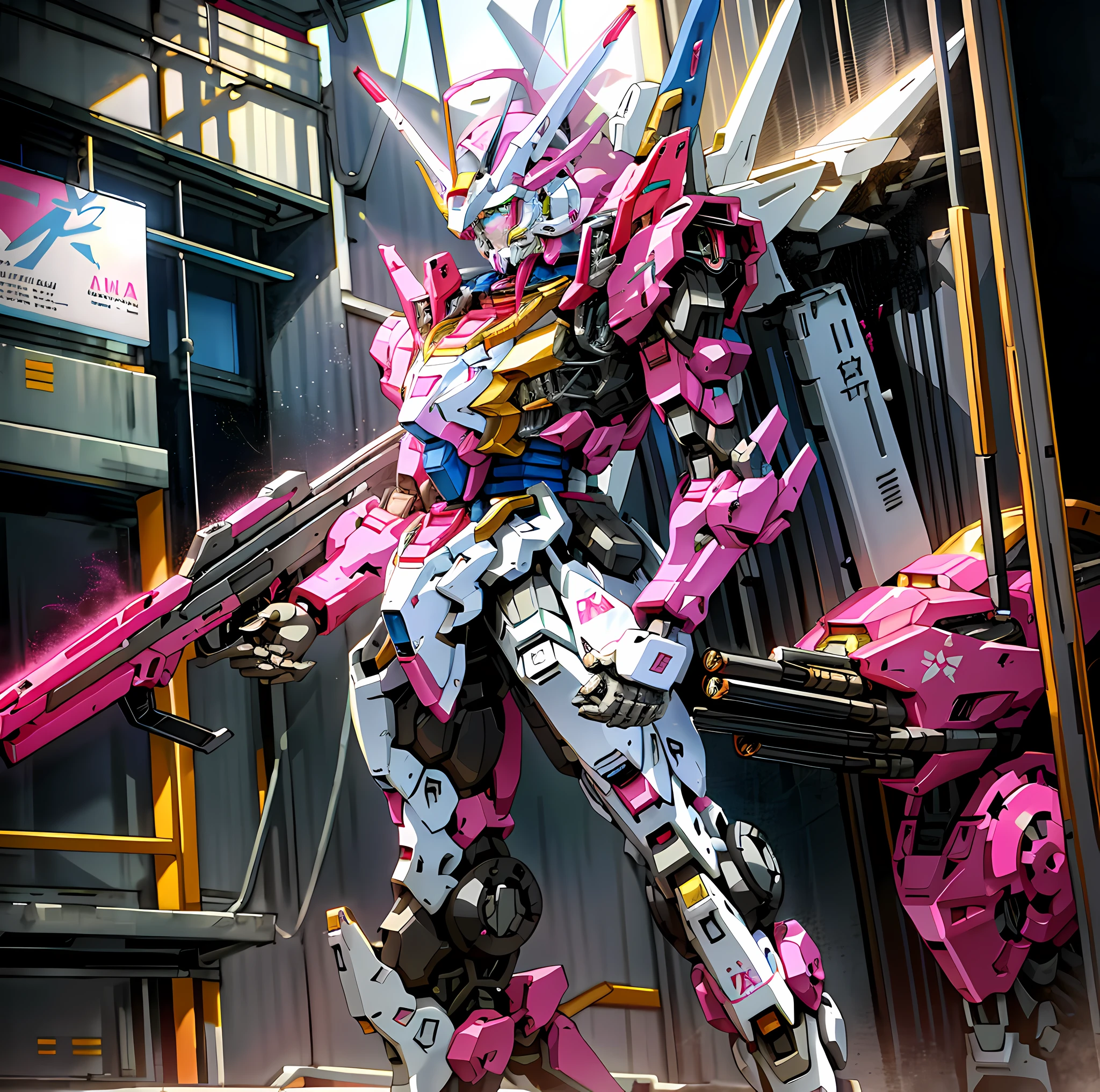 Pink and white suit and gun of Arakfi, cool mecha style, 8K, Gundam style, anime large mecha robot, modern mecha anime, best anime 4k konachan wallpaper, mecha aesthetics, mecha aesthetics, mecha art, mobile suit, Gundam is windmill shape, high detail official artwork, on Gundam