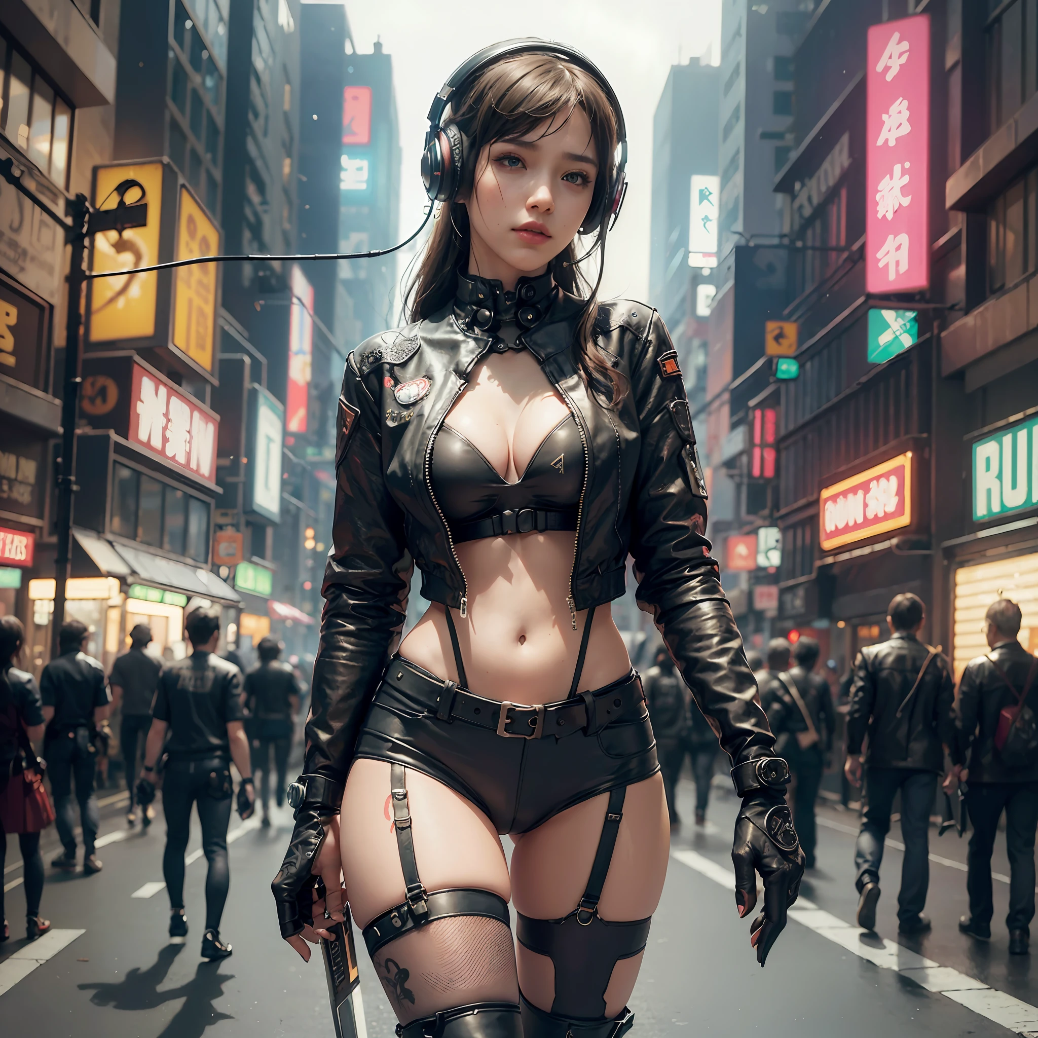 Ompt Transcript of top quality, realistic, photorealistic, award-winning illustrations, (intricate details: 1.2), (delicate details), (intricate details), (cinematic light, highest quality backlighting), clear lines, sharp focus, official art, Unity 8k wallpapers, absurdity, incredible absurdity, huge file size, ultra (in_ main_street:1.21), (Neon lamp), fantasy art, RTX, ((Close-up photo of a triangle in the award-winning studio)), 1 boy, half body, (full tattoo), (mouth closed), small breasts, ((Cyberpunk City Street, Battle Maiden, Katana, Robot Arm)), (Cyberpunk City Street, Battle Maiden, Katana, Robot Arm)), (Cyberpunk Blouse, Leather Jacket, Martin Boots), (headphones_around_neck), (headphones_around_hair)