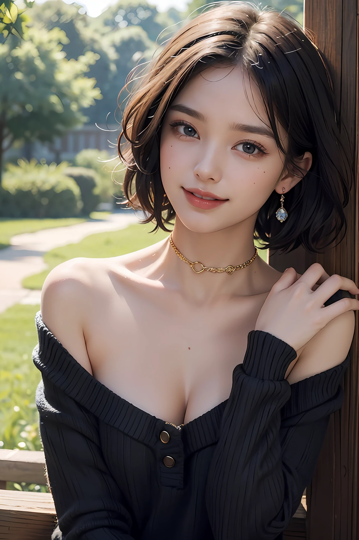 (Masterpiece: 1.3), (8k, Photorealistic, RAW Photo, Best Quality: 1.4), (1girl), Beautiful Face, (Realistic Face), (Black Hair, Short Hair: 1.3), Beautiful Hairstyle, Bangs, Smile, Smile, Realistic Eyes, Gloss, Highlights, Highlights in the pupils, Eyelashes, Beautiful Detail Eyes, (Realistic Skin), Beautiful Skin, Transparency, Off Shoulder, Red Knit, Blue knitwear, black shoulder straps, shoulder straps, thick choker, bust, smile, tooth, absurdity, attractive, ultra-high resolution, ultra-realistic, high definition, golden ratio, crystal clear eyes, wet, mole, gaze on camera, ears, sparkle, long neck, double eyelids, big eyes, cheeks, gentle personality, charming personality, gentle, touching, overwhelming charm, bright personality