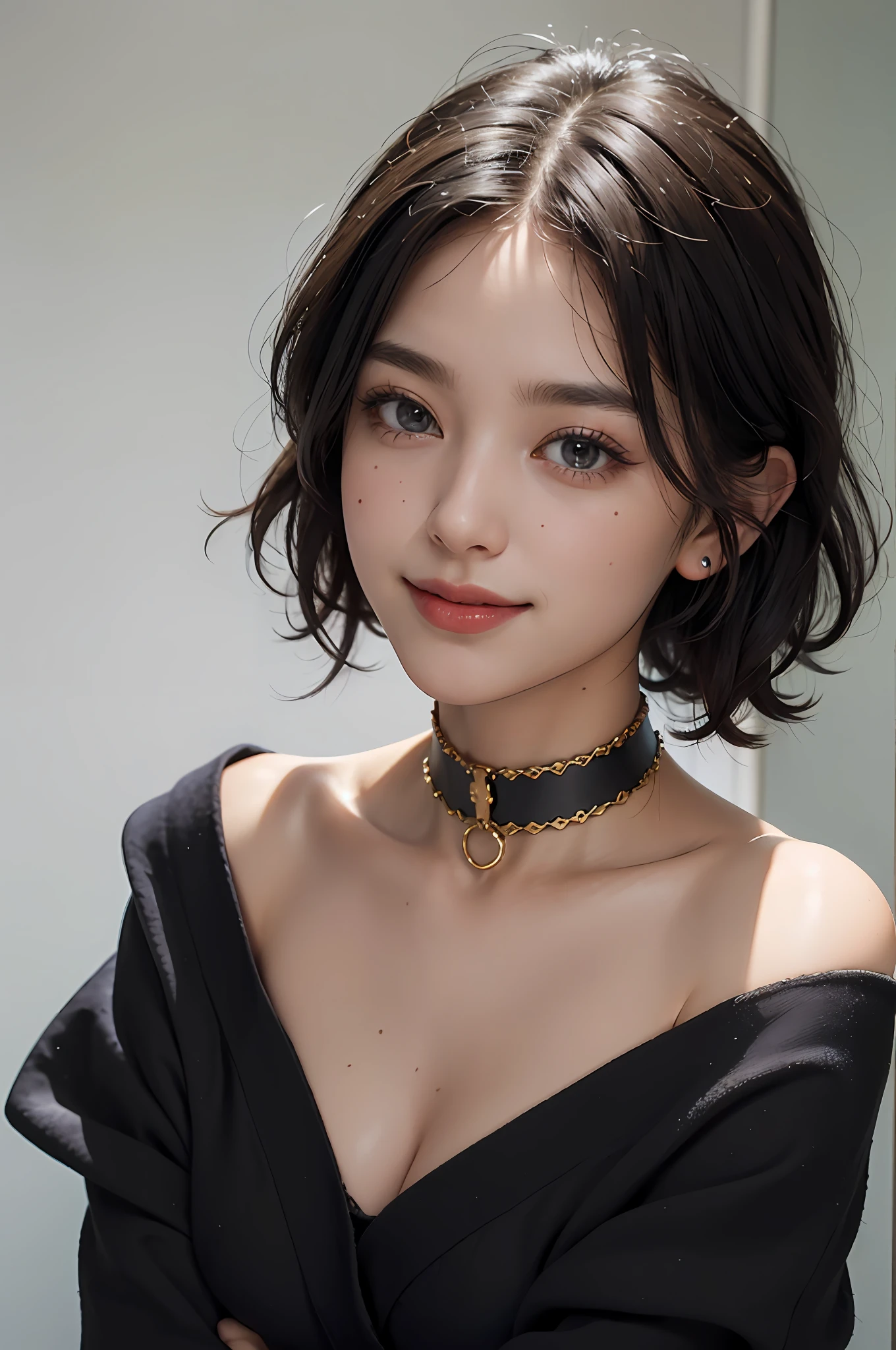 (Masterpiece: 1.3), (8k, Photorealistic, RAW Photo, Best Quality: 1.4), (1girl), Beautiful Face, (Realistic Face), (Black Hair, Short Hair: 1.3), Beautiful Hairstyle, Bangs, Smile, Smile, Realistic Eyes, Gloss, Highlights, Highlights in the pupils, Eyelashes, Beautiful Detail Eyes, (Realistic Skin), Beautiful Skin, Transparency, Off Shoulder, Red Knit, Blue knitwear, black shoulder straps, shoulder straps, thick choker, bust, smile, tooth, absurdity, attractive, ultra-high resolution, ultra-realistic, high definition, golden ratio, crystal clear eyes, wet, mole, gaze on camera, ears, sparkle, long neck, double eyelids, big eyes, cheeks, gentle personality, charming personality, gentle, touching, overwhelming charm, bright personality