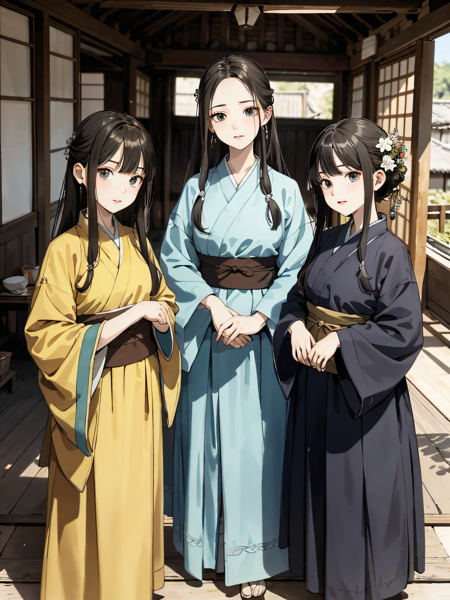 Absurd, high definition, super detailed, texture details, clear presentation, HD details, detail performance, fine details, clear face, precise restoration, clear eyeballs, (3 fat girls: 1.3), hand-drawn, simple lines, three 20-year-old girls in simple Hanfu, standing in ancient wooden house, interior, masterpiece