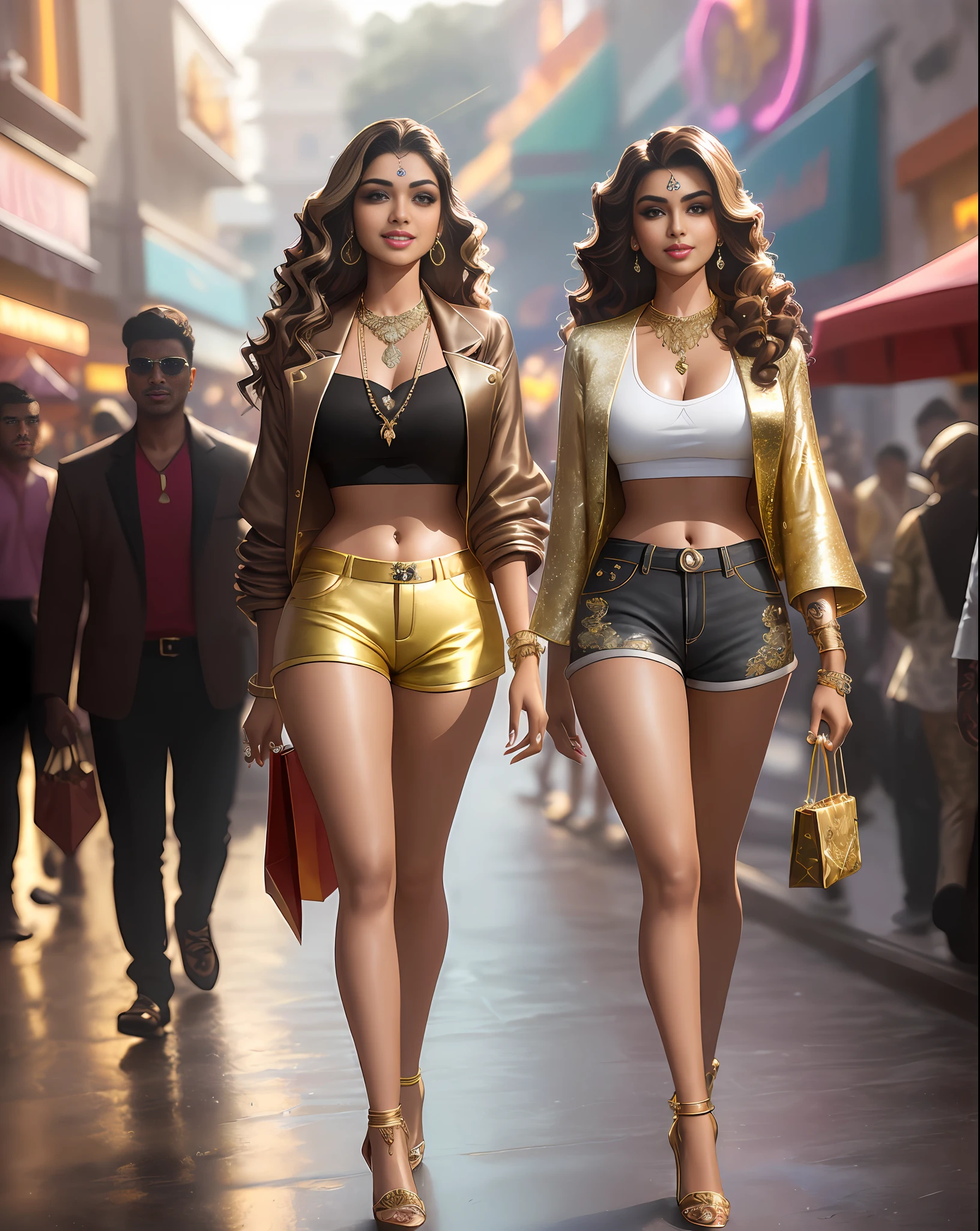 (masterpiece photography of a solo:1.2) alluring sexy tall curvy (18 yr old) Indian Supermodel Aishwarya Lekshmi walking in style on a street, (wearing Blingy jewel encrusted jacket & shorts & heels:1.3). hip hop energy, (indian makeup & jewelry:1.2),(perfect short brown wavy hair with highlights:1.4), vivacious, lustful glance, exhilarated (beautiful detailed eyes:1.1), (heavily tattoed:1.3) , (flirty bright smile:1.2), blingy shopping district, (dramatic lighting:1.2), cinematic render, backlit, light rays, highly detailed, trending on artstation, paint splashes, rich colour, dazzling lights all around, abstract portrait, by Atey Ghailan