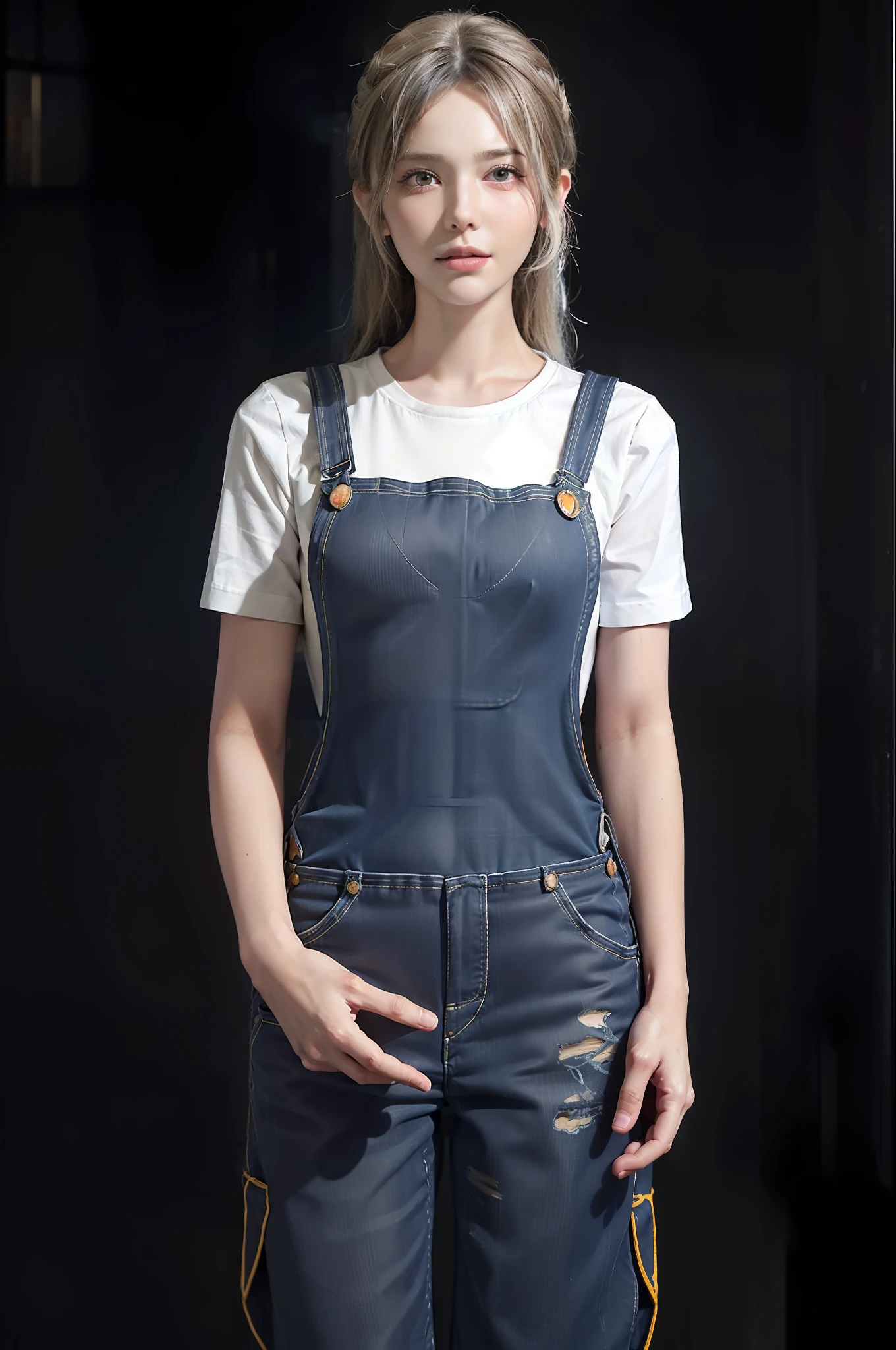 Hyperrealist portrait of female by david hockney and alphonse mucha,fantasy art, photo realistic, dynamic lighting, artstation, poster, volumetric lighting, very detailed faces, 4 k, award winning, 1girl, in the dark, deep shadow, low key,cowboy shot,(overalls:1.4) ,long hair,white hair,