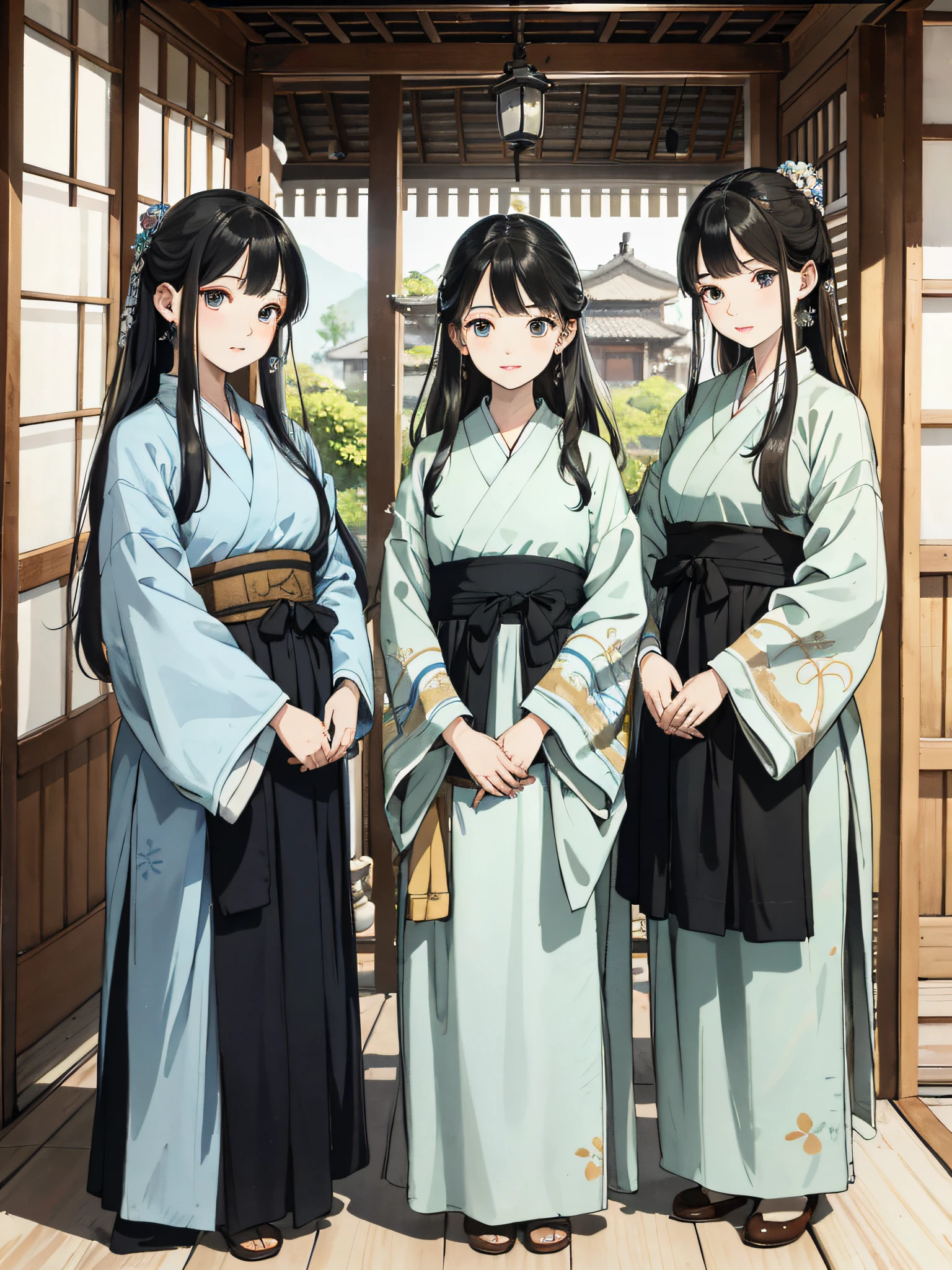 Absurd, high definition, super detailed, texture details, clear presentation, HD details, detail performance, fine details, clear face, precise restoration, clear eyeballs, (3 fat girls: 1.3), hand-drawn, simple lines, three 20-year-old girls in simple Hanfu, standing in ancient wooden house, interior, masterpiece
