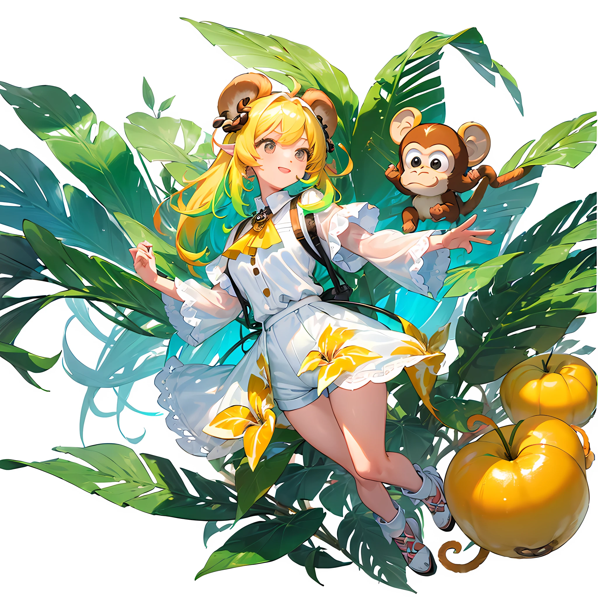 [(white background:1.8)] (isometric:1.0), double exposure, bubble, mid shot, full body,//1 girl, jungle with palm trees and fruit, tangles, Best quality monkey girl, with big round monkey ears, long monkey tail, wearing cute jean shorts with lace, in a, cute and happy, surrounded by vibrant colors and colorful splashes masterpiece!