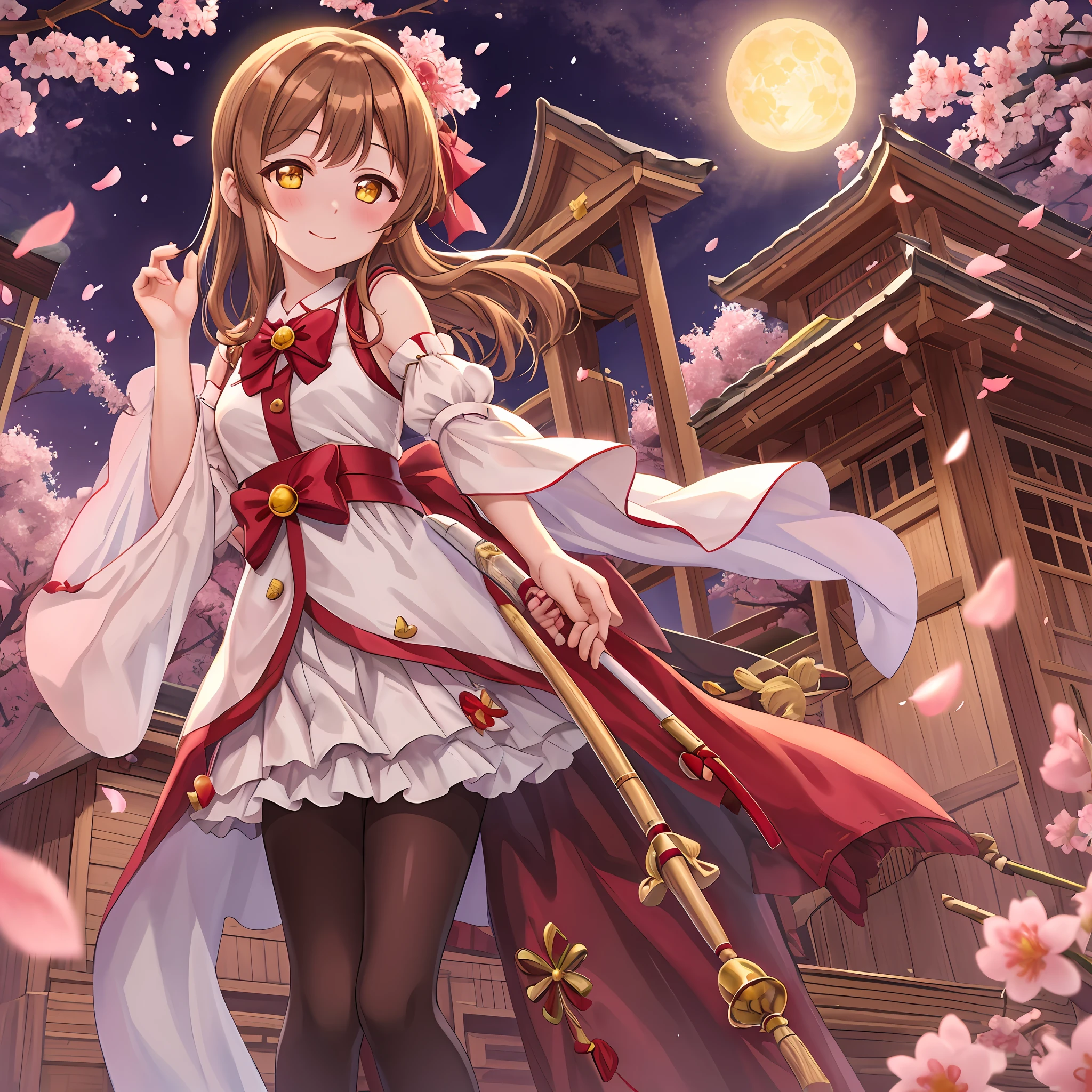 masterpiece, best quality, shrine maiden outfit, yellow eyes, shiny eyes, small blush, light brown hair, straight hair, Kunikida Hanamaru from Love Live, healing staff, sakura tree, moon, night, sakura petals, smile, caring