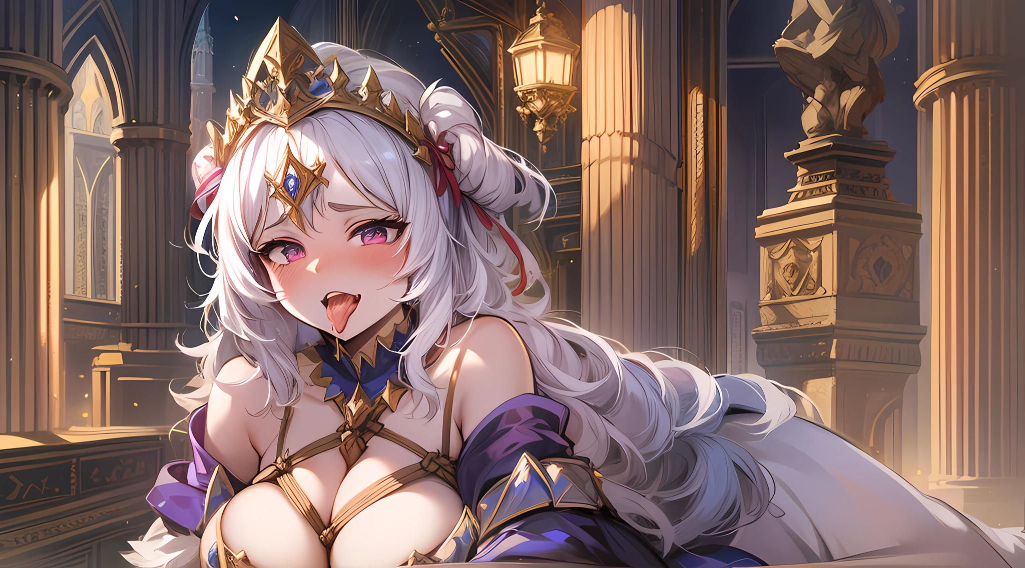 furry girl, giant breast, MILF,medieval, magical, goddess, queen, glowing fur, mouth gaping, blushing, tongue out, TONGUE, white semi-translucent off shoulder morning dress, ROPE, (AHEGAO:1)