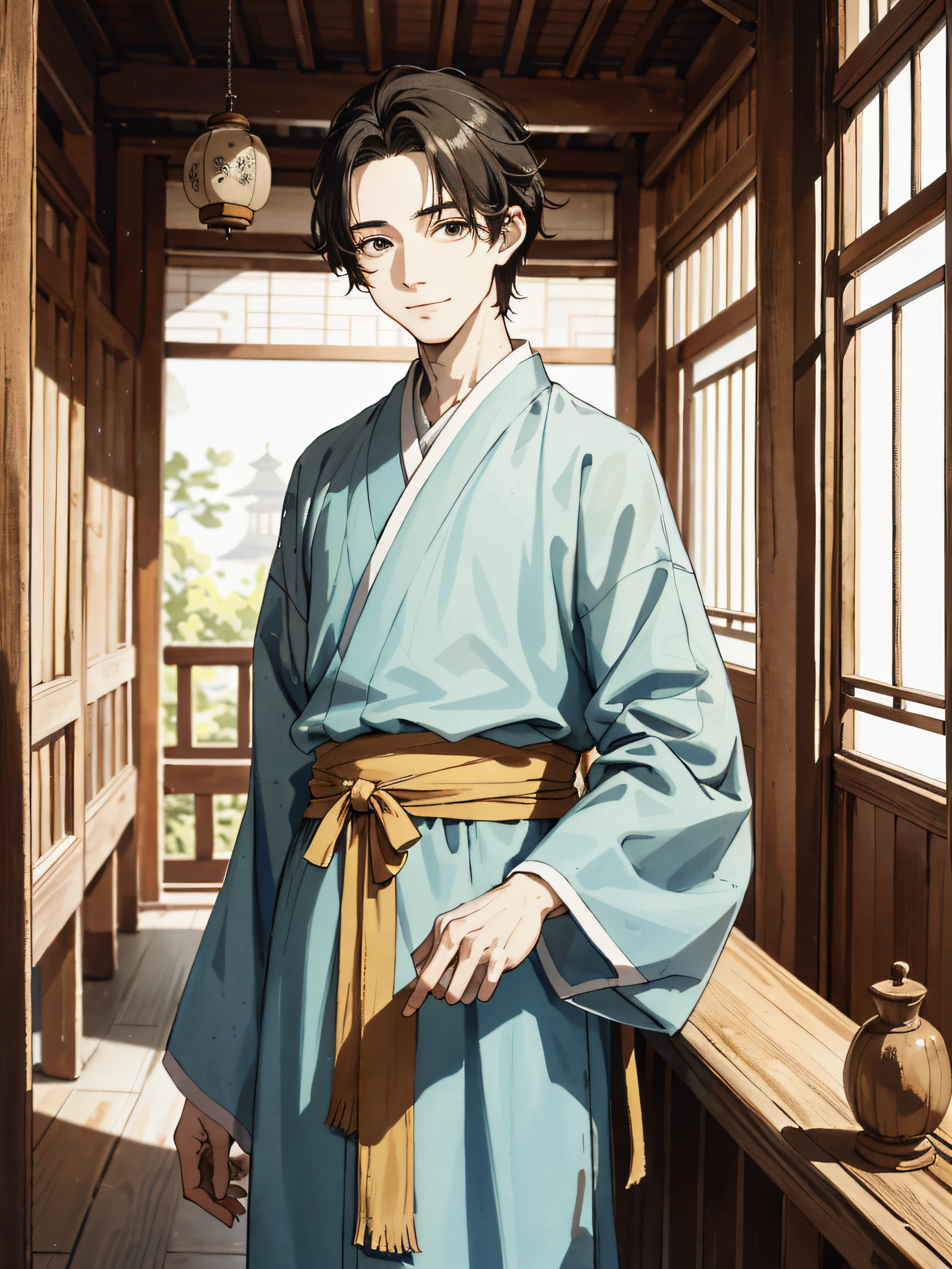 Absurd, high definition, super detailed, texture details, clear presentation, HD details, detail performance, fine details, clear face, precise restoration, clear eyeballs, (1 person: 1.3), hand-drawn, simple lines, an 18-year-old man in colorful Hanfu, standing in an ancient wooden house, masterpiece, interior, smiling
