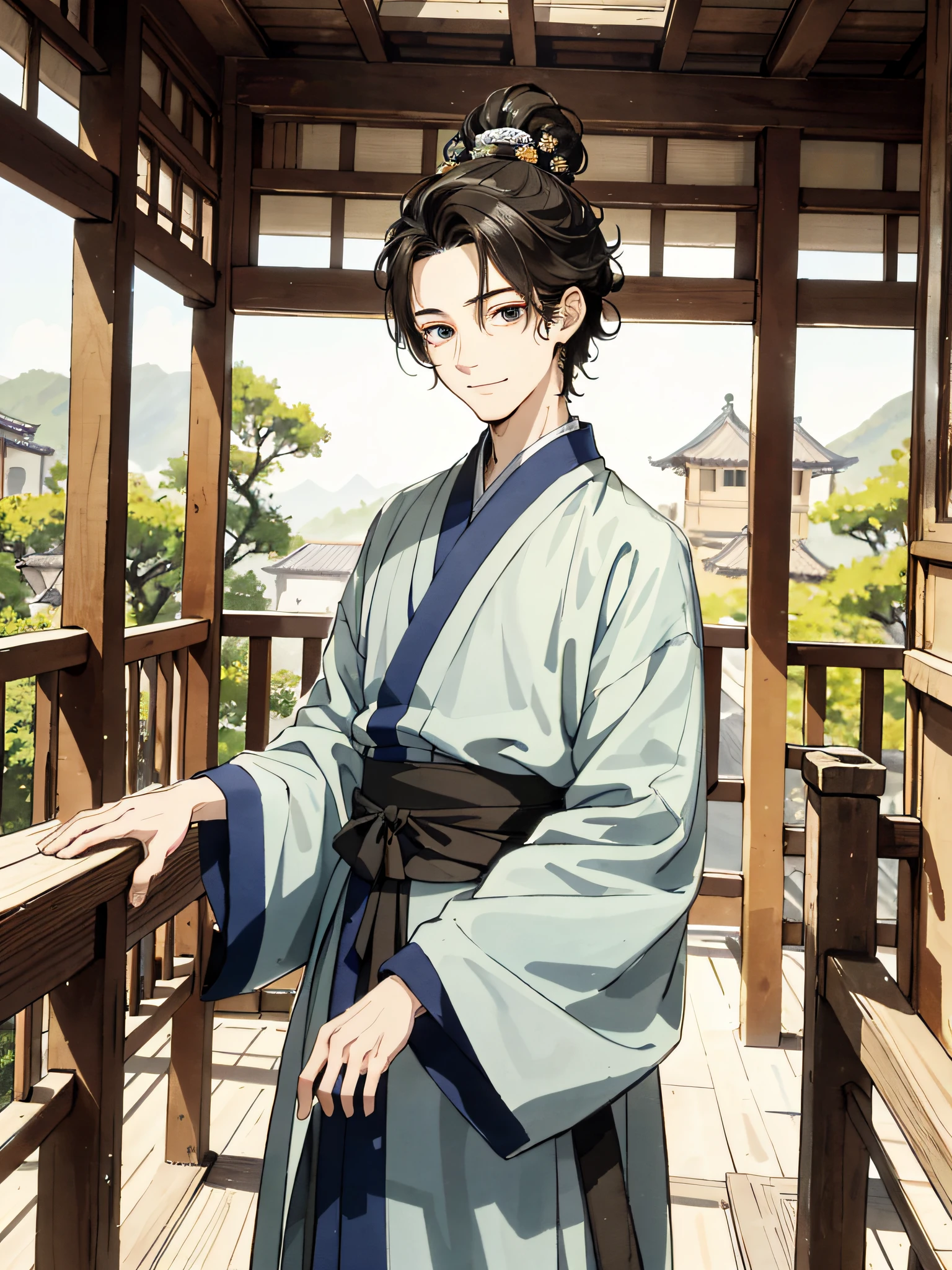 Absurd, high definition, super detailed, texture details, clear presentation, HD details, detail performance, fine details, clear face, precise restoration, clear eyeballs, (1 person: 1.3), hand-drawn, simple lines, an 18-year-old man in colorful Hanfu, standing in an ancient wooden house, masterpiece, interior, smiling