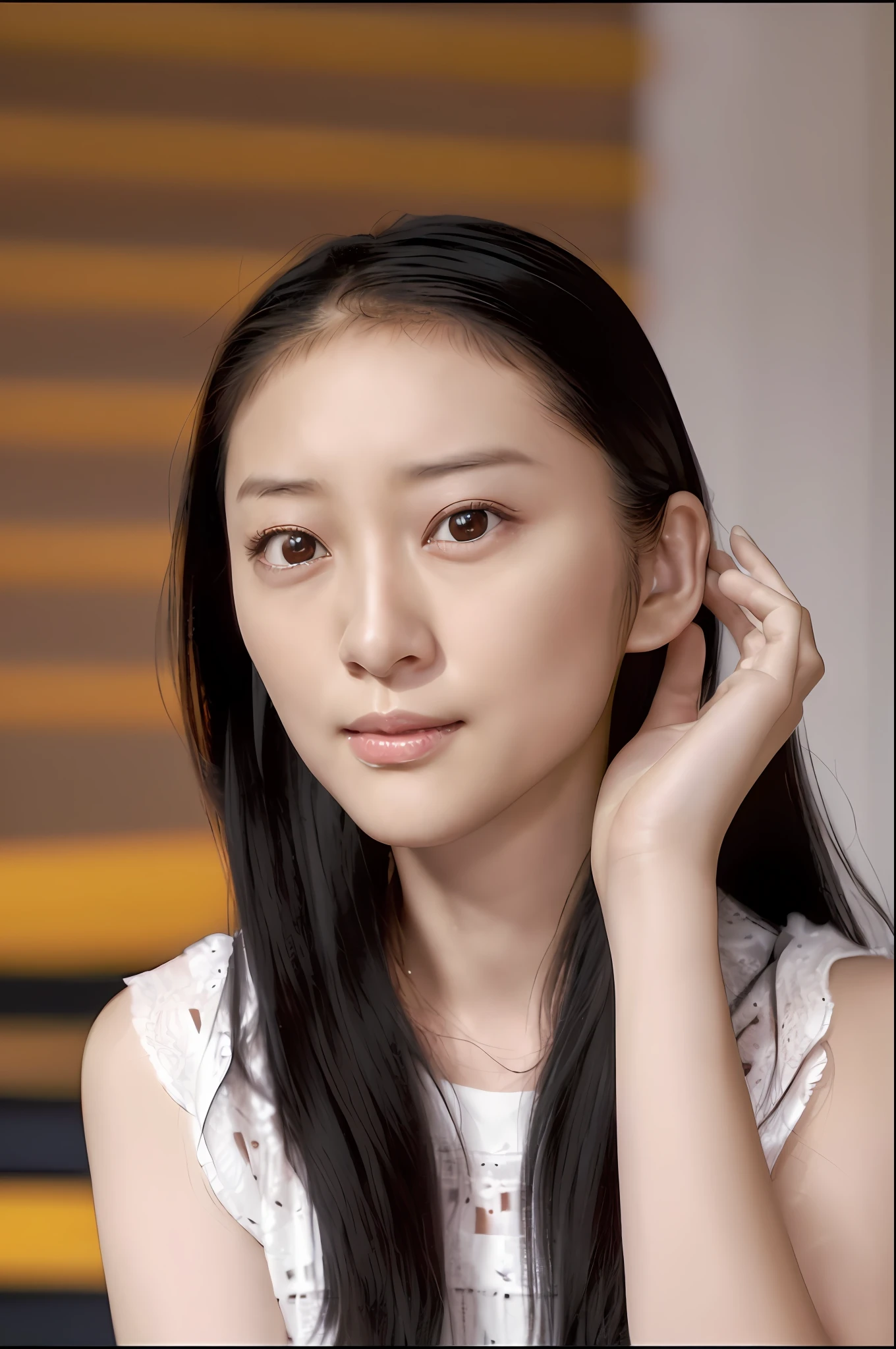 (4k, best quality, highres:1.2), (realistic, photo-realistic:1.37), Emi Takei, 1girl, solo, black_hair, long hair, realistic, (looking_at_viewer:1.3), dress, lips, nose, detailed eyes, (pale skin:1.3),