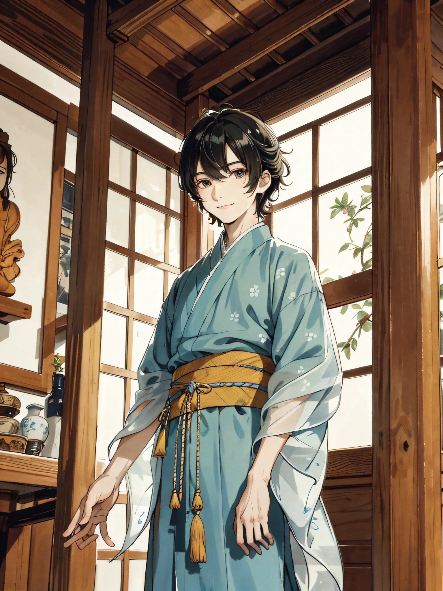 Absurd, high definition, super detailed, texture details, clear presentation, HD details, detail performance, fine details, clear face, precise restoration, clear eyeballs, (1 person: 1.3), hand-drawn, simple lines, an 18-year-old man in colorful Hanfu, standing in an ancient wooden house, masterpiece, interior, smiling