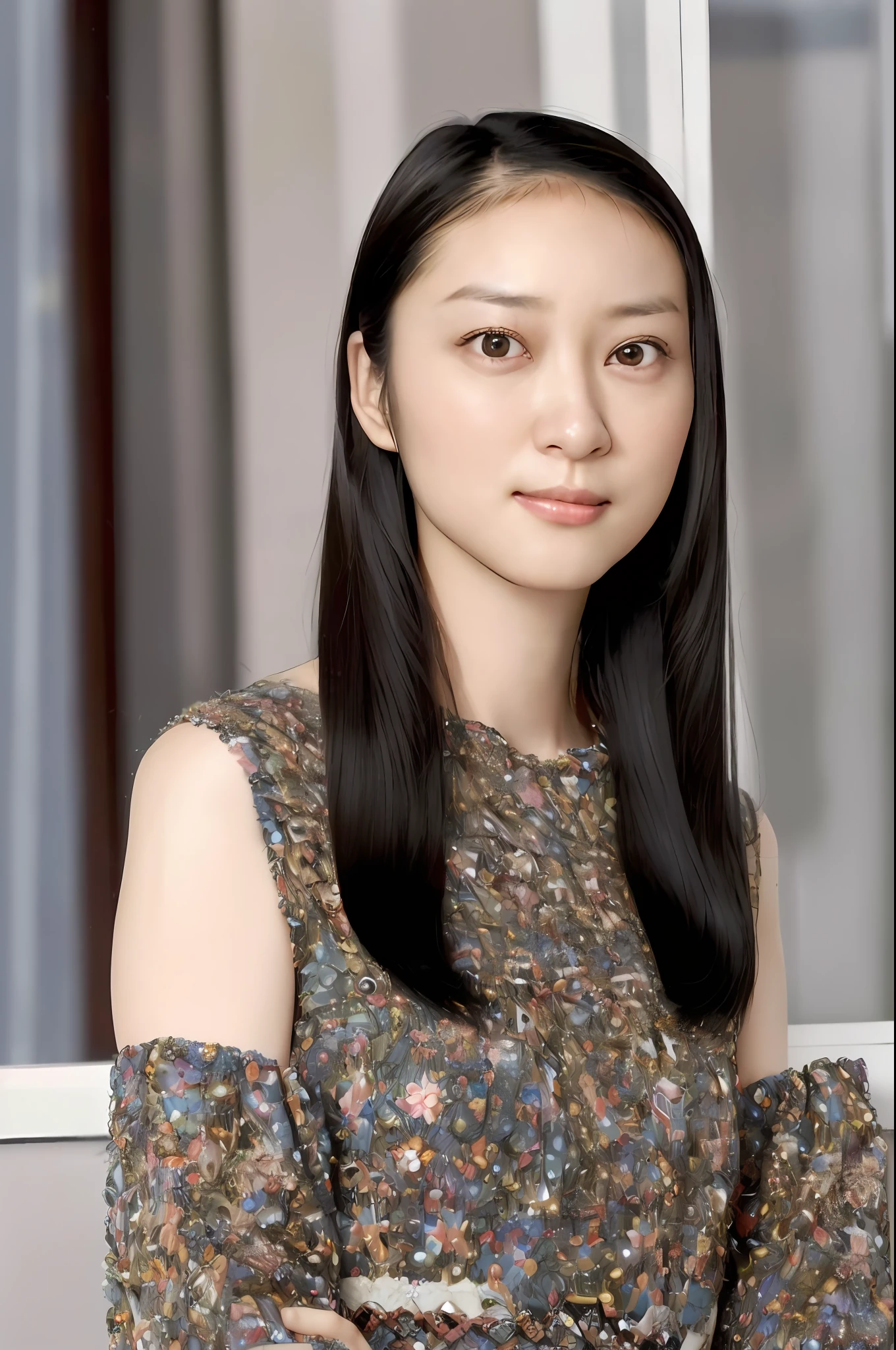 (4k, best quality, highres:1.2), (realistic, photo-realistic:1.37), Emi Takei, 1girl, solo, black_hair, long hair, realistic, (looking_at_viewer:1.3), dress, lips, nose, detailed eyes, (pale skin:1.3),