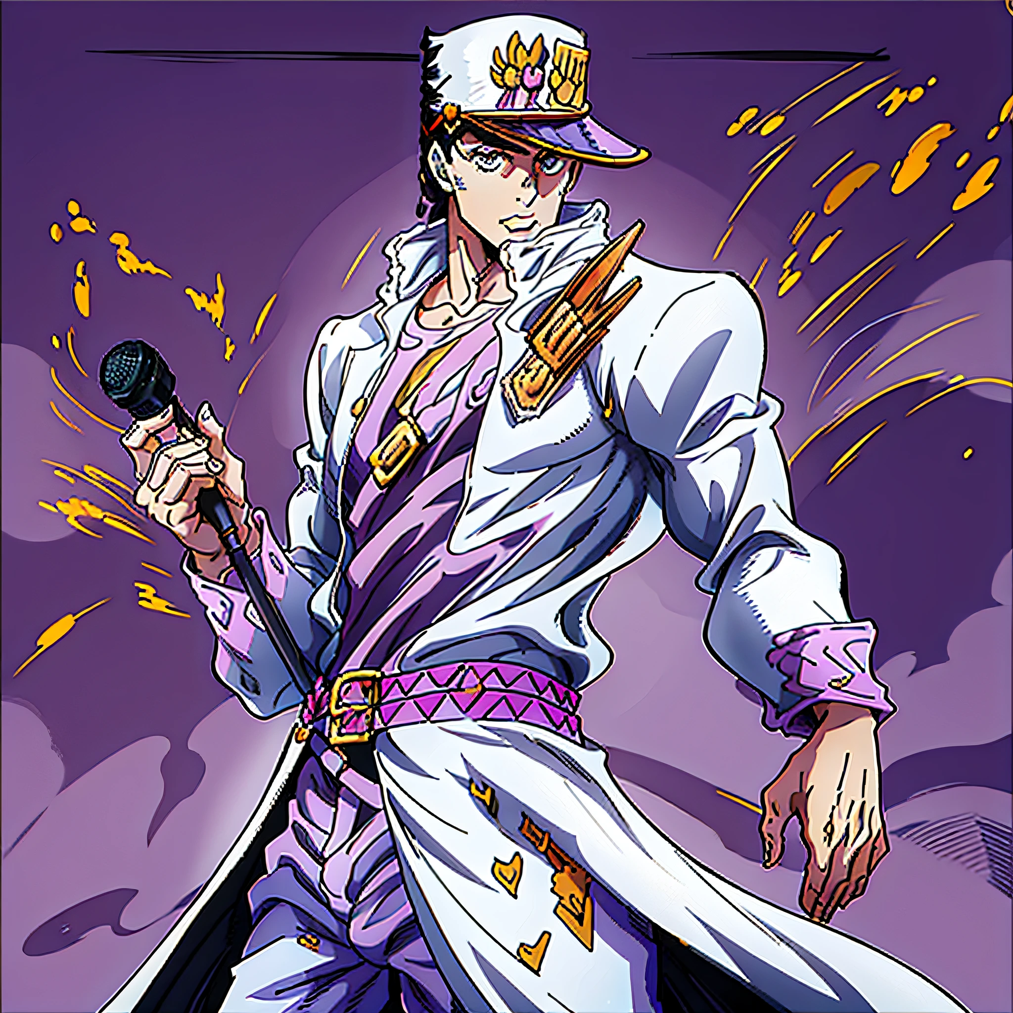 (stable diffusion) masterpiece, ultra-detailed CG unity 4k wallpaper, best quality, (Jotaro Kujo:1.2) in white clothes with confident and powerful posture, holding a microphone, (sound of music: 1.2, intense: 1.1).