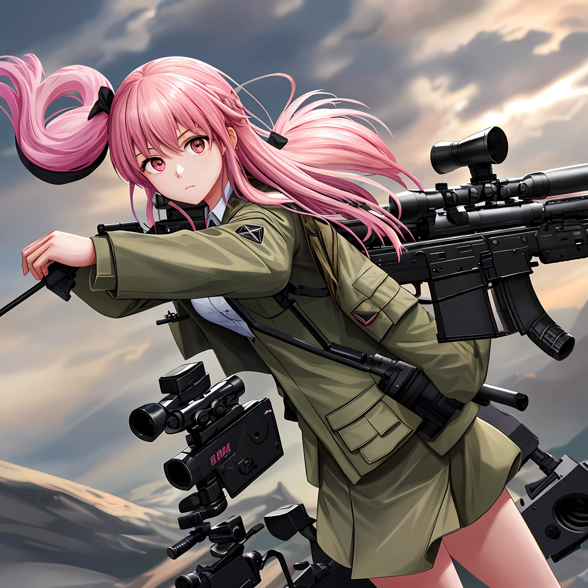 Sniper Rifle 1 Girl Uniform Blazer Pink Hair Hold a Gun Top Quality Ultra High Resolution