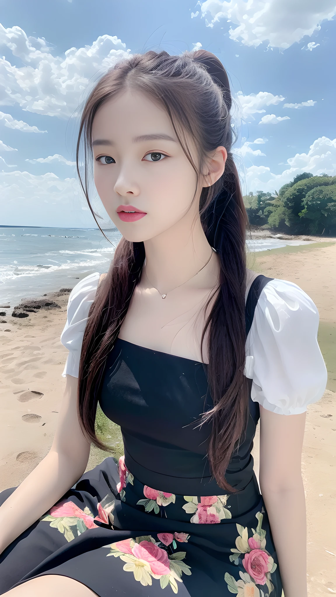 ((Best Quality, 8K, Masterpiece:1.3)), A beautiful girl, pure, melon face, gentle and cute, thin figure, partial head, upper body leaning forward, loose short sleeves, white background floral long skirt, high ponytail, black fluffy long ponytail hair, round black big eyes, clear big eyes, moist red lips, sweet, sitting, blue sky and white clouds, sunshine, beach background,