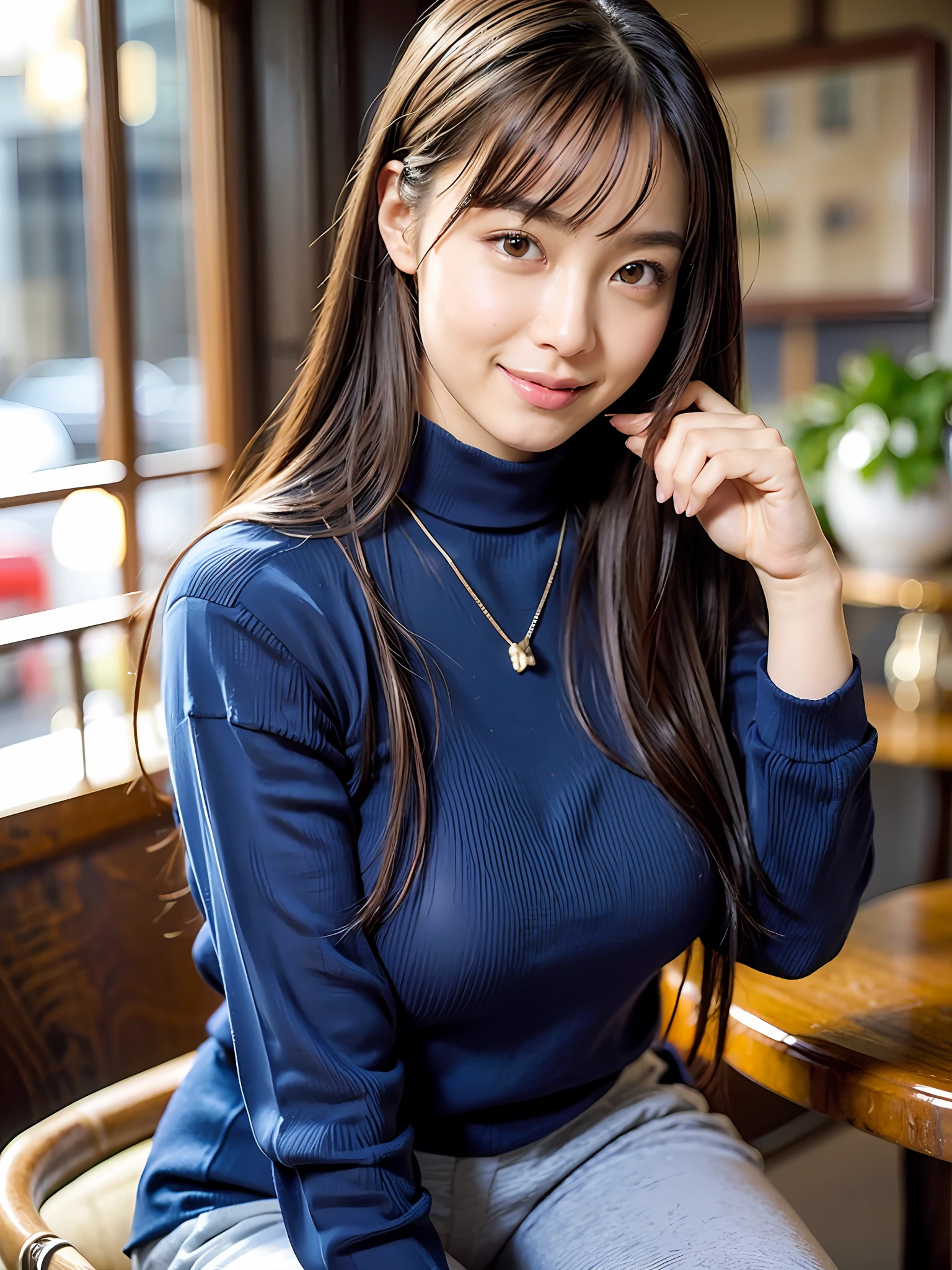 18 year old girl with perfect face and big breasts, cute clothes, slim and slender physique. The skin has detailed and highly detailed eyes (1.1 emphasis), very detailed skin texture (1.1 emphasis). slender necklace, model photo style, photorealistic, skin texture is real human skin texture, detailed skin pores, intricate details, eyes very detailed, knee up, attractive sexy chibi, smile, happy smile, eating parfait in café, sitting, dark blue high neck knit sweater, black long pants, café, sweets --s2
