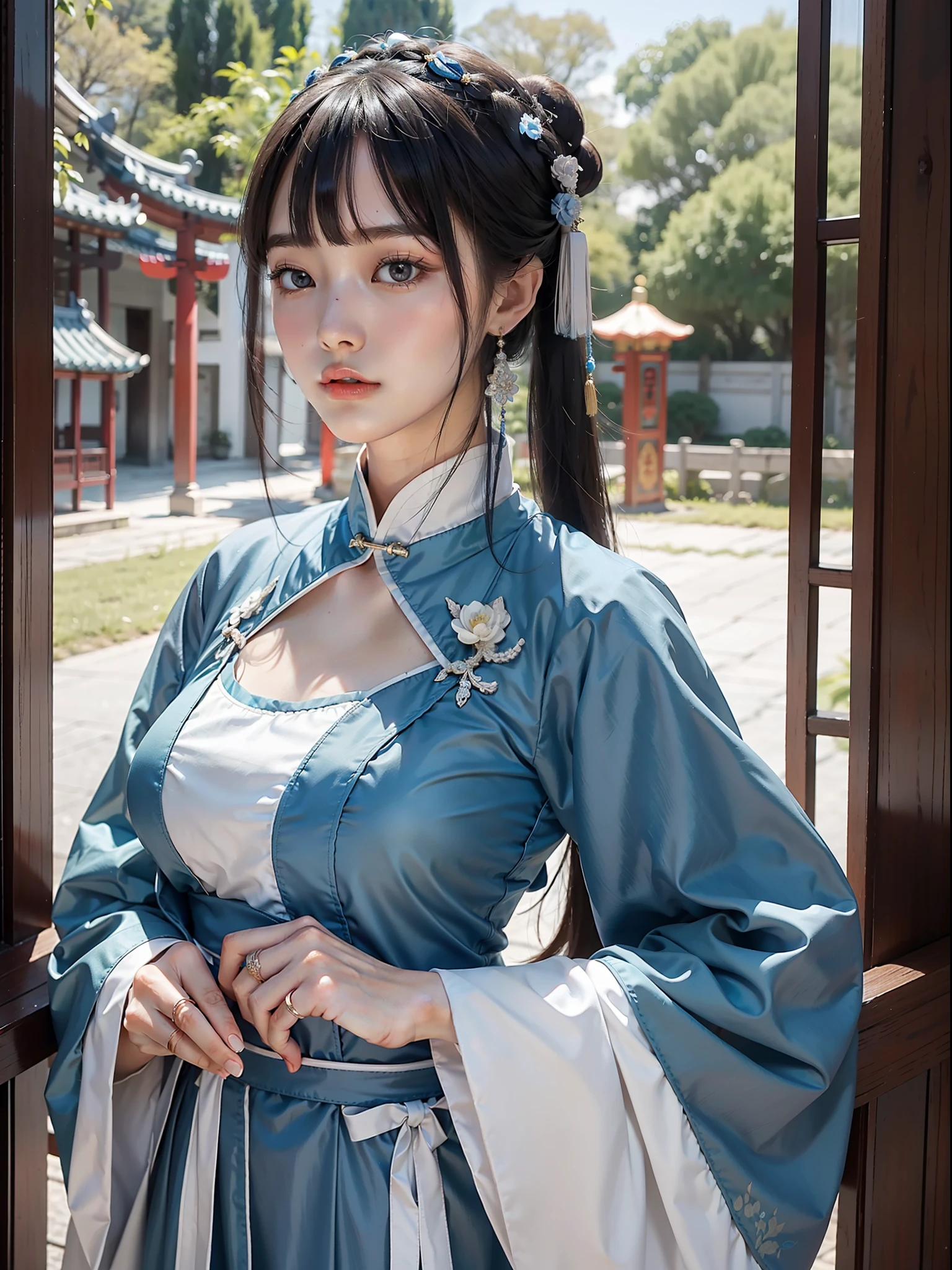 Woman in blue dress, palace, Hanfu girl, wearing ancient Chinese costume, Hanfu, wearing ancient Chinese costume, Chinese costume, Chinese traditional clothing, white Hanfu, Chinese Traditional, Chinese style, Japanese goddess, anime girl cosplay, cheongsam, Chinese costume, wearing blue cheongsam dress, (Qi bangs), (big breasts: 1.2), (open collar showing chest), (back), (ring finger diamond ring), masterpiece, realism