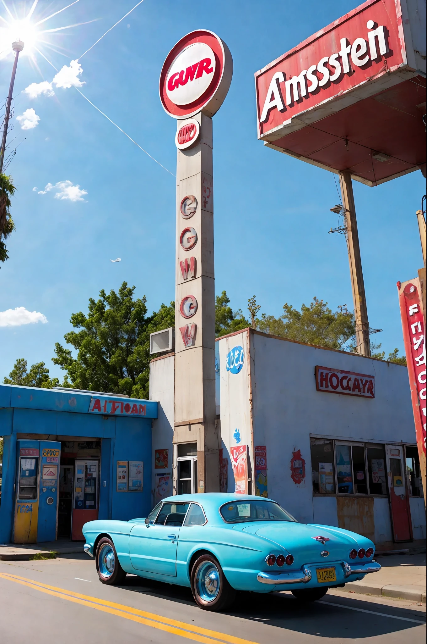 cars around abandoned gas station sign made from a rocket beautiful blue sky Clutter-Home (AtomPunkStyleSD15:1.0), (masterpiece:1.2) (photorealistic:1.2) (bokeh) (best quality) (detailed skin) (intricate) (8k) (HDR) (cinematic lighting) (sharp focus)