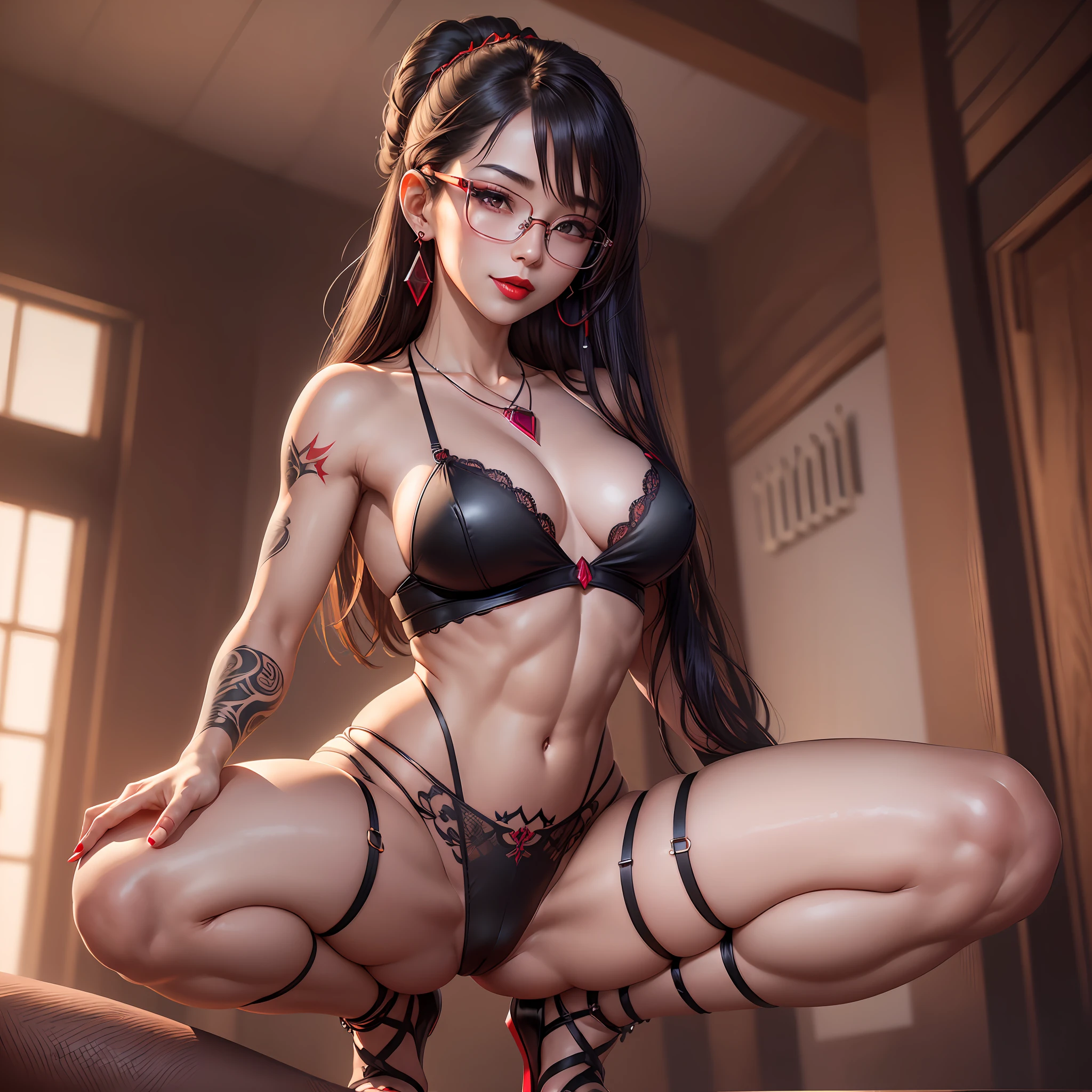(SFW), (Cell shading), Best Quality, Master, Masterpiece, Best Quality, Highly Detailed CG Unity 8K Wallpaper, Asian woman, Highly Detailed, High Resolution, Highly Detailed , (small breasts: 50.0), convex breasts, (detailed hair, (detailed face), (detailed figure), white and translucent, (light dark skin), (real texture), unrivaled beauty, long legs, (stockings), ((ruby necklace)), ((earrings)), (tattoo on the chest), (red lips), (black lingerie), (firm abs), (Athletic body), (Provocative smile), squat, (indoor), glasses, (white light from above), (strapped heels) --auto --s2