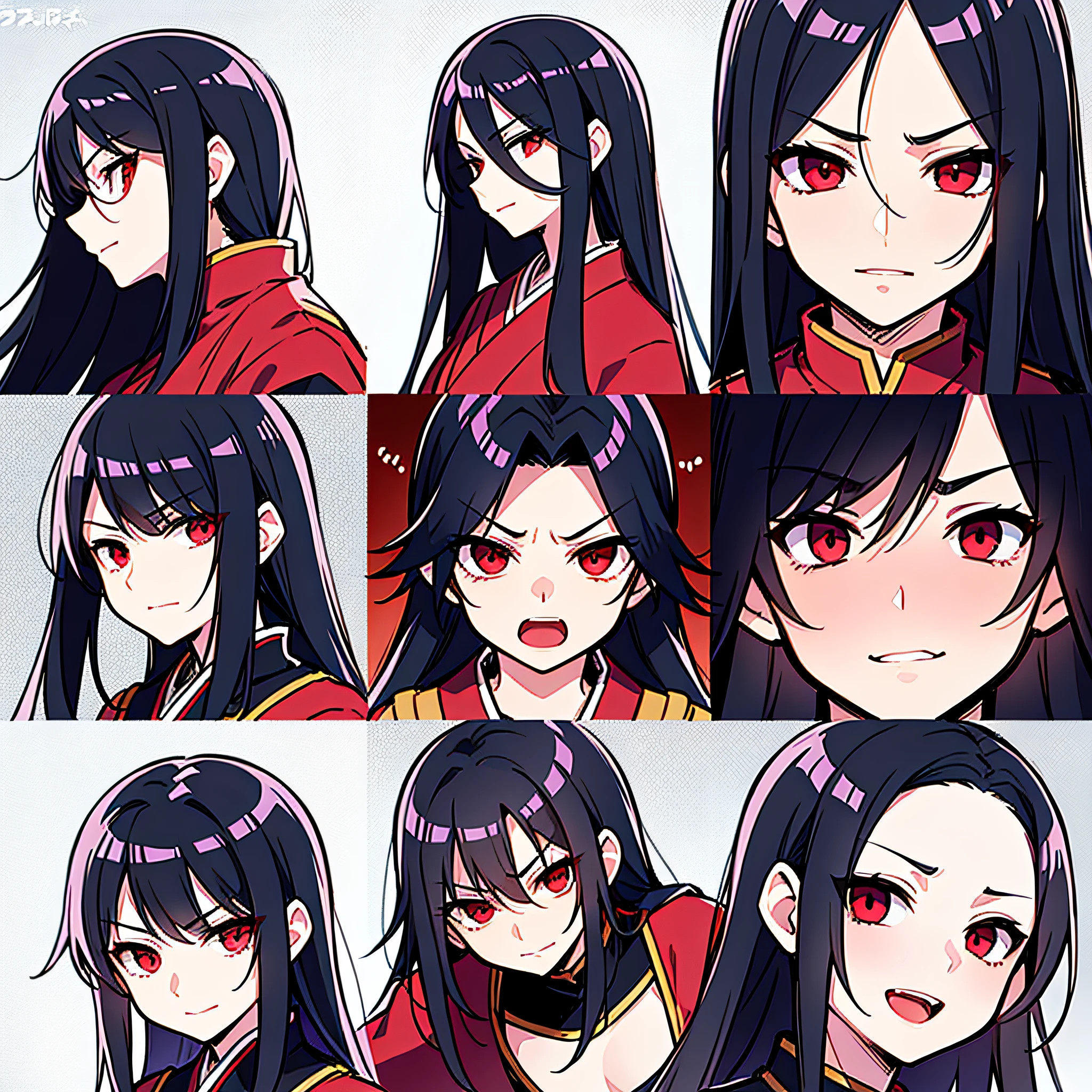 There is a Japanese-style webtoon page with multiple shots of the same character in the same clothes with different facial expressions: The webtoon page depicts one character, a young Asura guy with long black hair in a red tunic in different frames, the same character in each frame, a young Asura guy with long black hair in a red tunic but with different facial emotions. A young Asura guy with long black hair and a red tunic in every frame. Frame 1: Character laughs. Frame 2 character indifferent facial expression.Frame 3 character is angry. Frame 4: A cute smile on the character's face. Frame 5: the character is crying. Frame 6: the character is surprised. Frame 7: The character winks slyly. Frame 8: The character is bored and looks at the sky. Frame 9: the character screams angrily. The frames are neat and organized, with each frame having a white background. The character is drawn in a traditional Japanese manga style, with clean lines and minimal shading. The skin is pale. Related characters, old comic grid