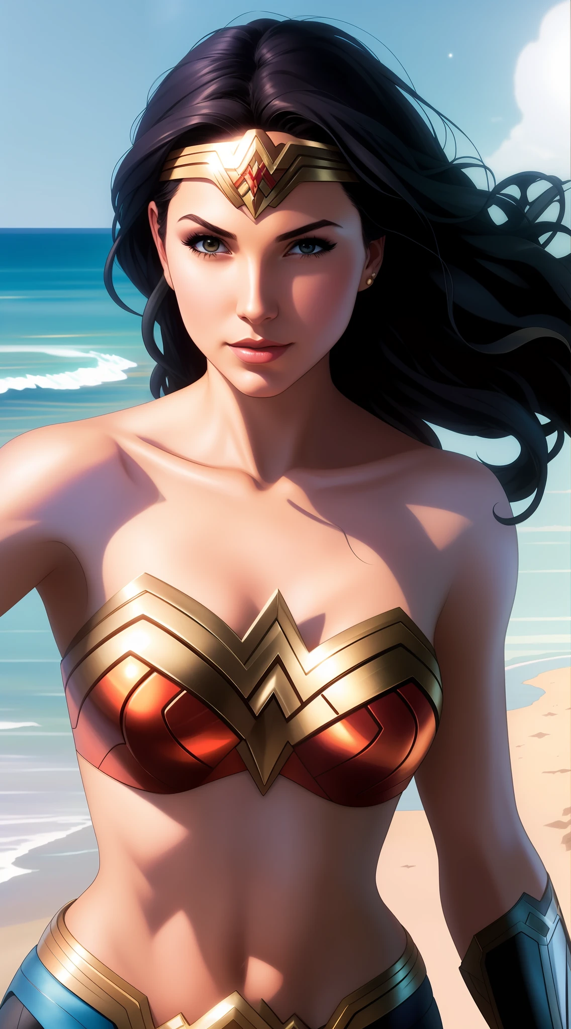 a woman in a wonder costume standing on a beach, drawn in the style of artgerm, artgerm greg rutkowski _ greg, artgerm detailed, artgerm and warren louw, as seen on artgerm, portrait of wonder woman, artgerm jsc, in style of artgerm, artgerm style