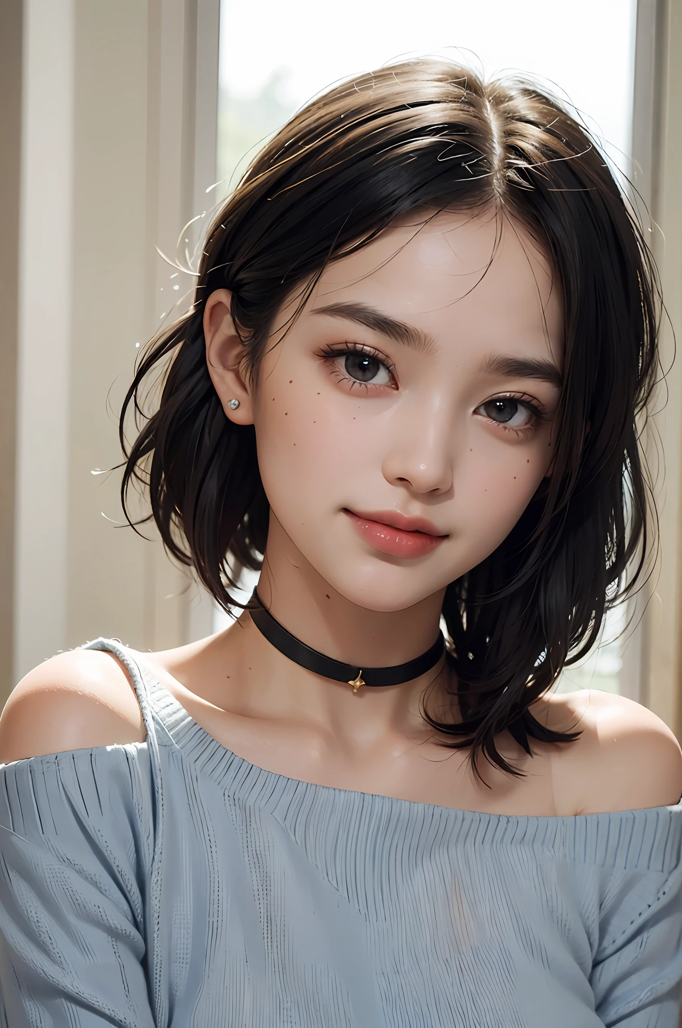 (Masterpiece: 1.3), (8k, Photorealistic, RAW Photo, Best Quality: 1.4), (1girl), Beautiful Face, (Realistic Face), (Black Hair, Short Hair: 1.3), Beautiful Hairstyle, Bangs, Smile, Smile, Realistic Eyes, Gloss, Highlights, Highlights in the pupils, Eyelashes, Beautiful Detail Eyes, (Realistic Skin), Beautiful Skin, Transparency, Off Shoulder, Red Knit, Blue knitwear, black shoulder straps, shoulder straps, thick choker, bust, smile, tooth, absurdity, attractive, ultra-high resolution, ultra-realistic, high definition, golden ratio, crystal clear eyes, wet, mole, gaze on camera, ears, sparkle, long neck, double eyelids, big eyes, cheeks, gentle personality, charming personality, gentle, touching, overwhelming charm, bright personality