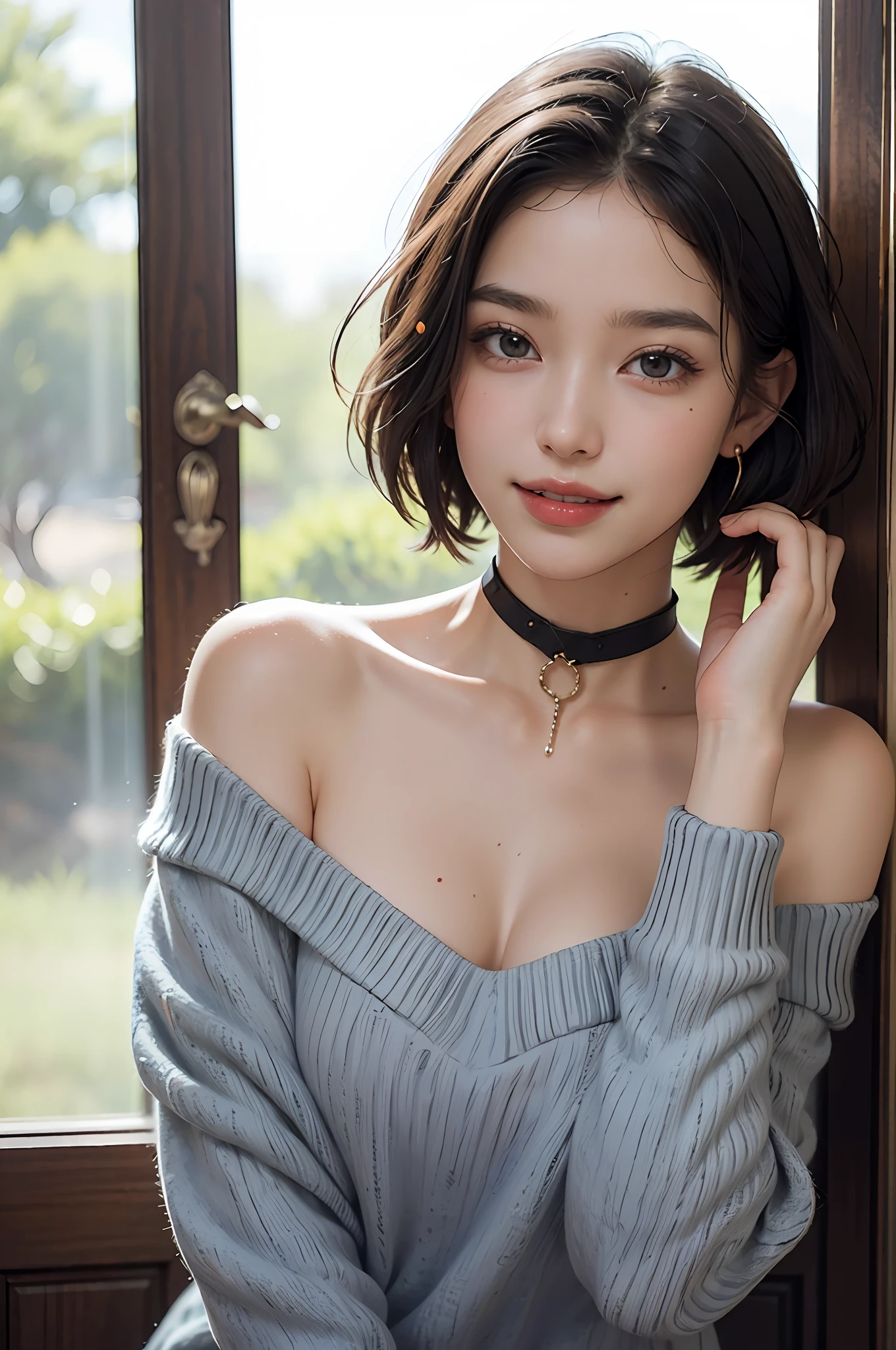 (Masterpiece: 1.3), (8k, Photorealistic, RAW Photo, Best Quality: 1.4), (1girl), Beautiful Face, (Realistic Face), (Black Hair, Short Hair: 1.3), Beautiful Hairstyle, Bangs, Smile, Smile, Realistic Eyes, Gloss, Highlights, Highlights in the pupils, Eyelashes, Beautiful Detail Eyes, (Realistic Skin), Beautiful Skin, Transparency, Off Shoulder, Red Knit, Blue knitwear, black shoulder straps, shoulder straps, thick choker, bust, smile, tooth, absurdity, attractive, ultra-high resolution, ultra-realistic, high definition, golden ratio, crystal clear eyes, wet, mole, gaze on camera, ears, sparkle, long neck, double eyelids, big eyes, cheeks, gentle personality, charming personality, gentle, touching, overwhelming charm, bright personality