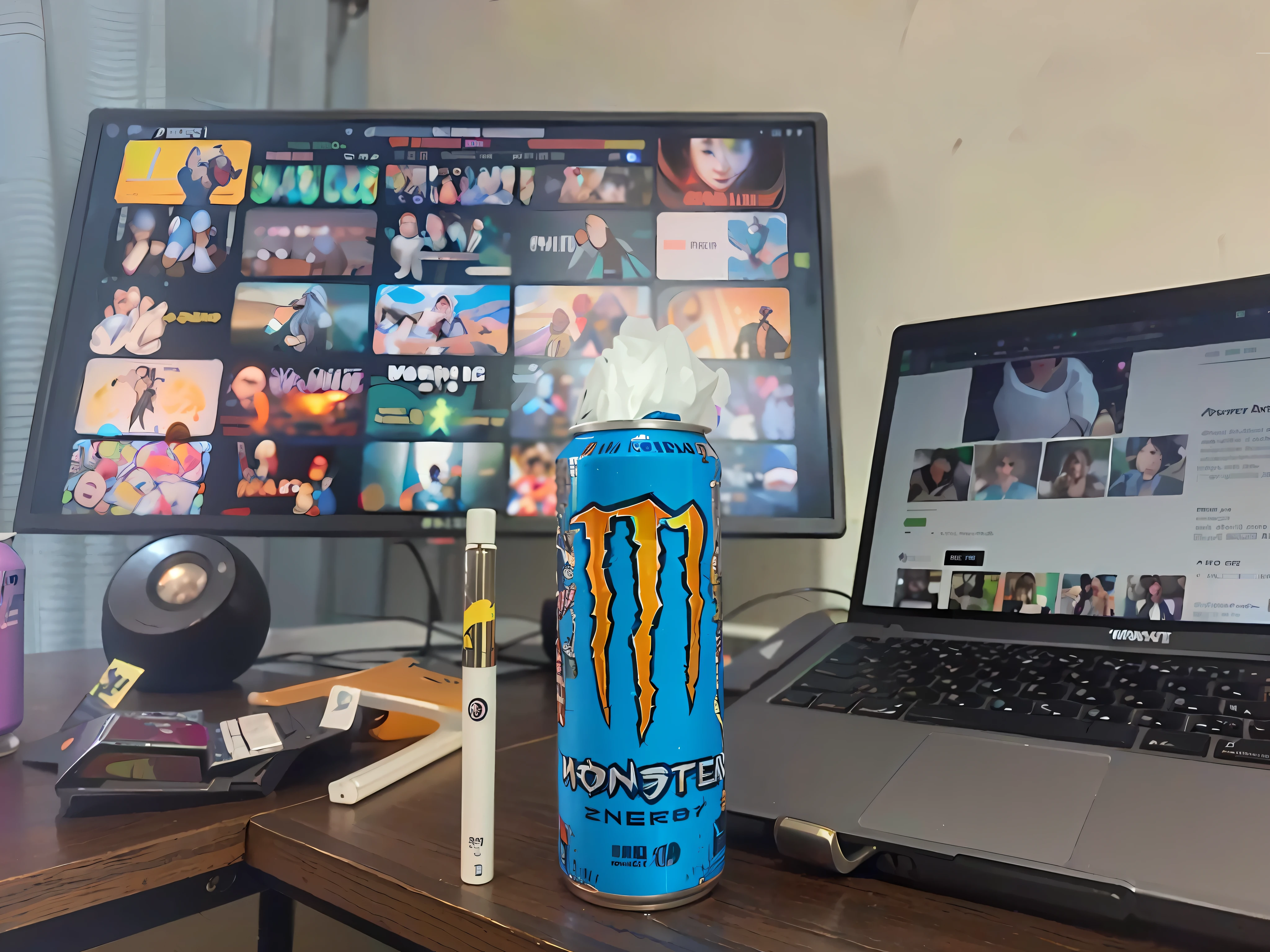 Alafe Energy Drink, Monster Energy Drink, Monster Energy Drink, Girl Drinks Monster Energy, Monster in the background, (((Monster)), Anime Girl Drinks Energy Drink, (Monster), Monster, Shot with Canon 8 0 D, Robot Monster in the background, Shot with Sony A7R camera, F1.8, ultra high image quality