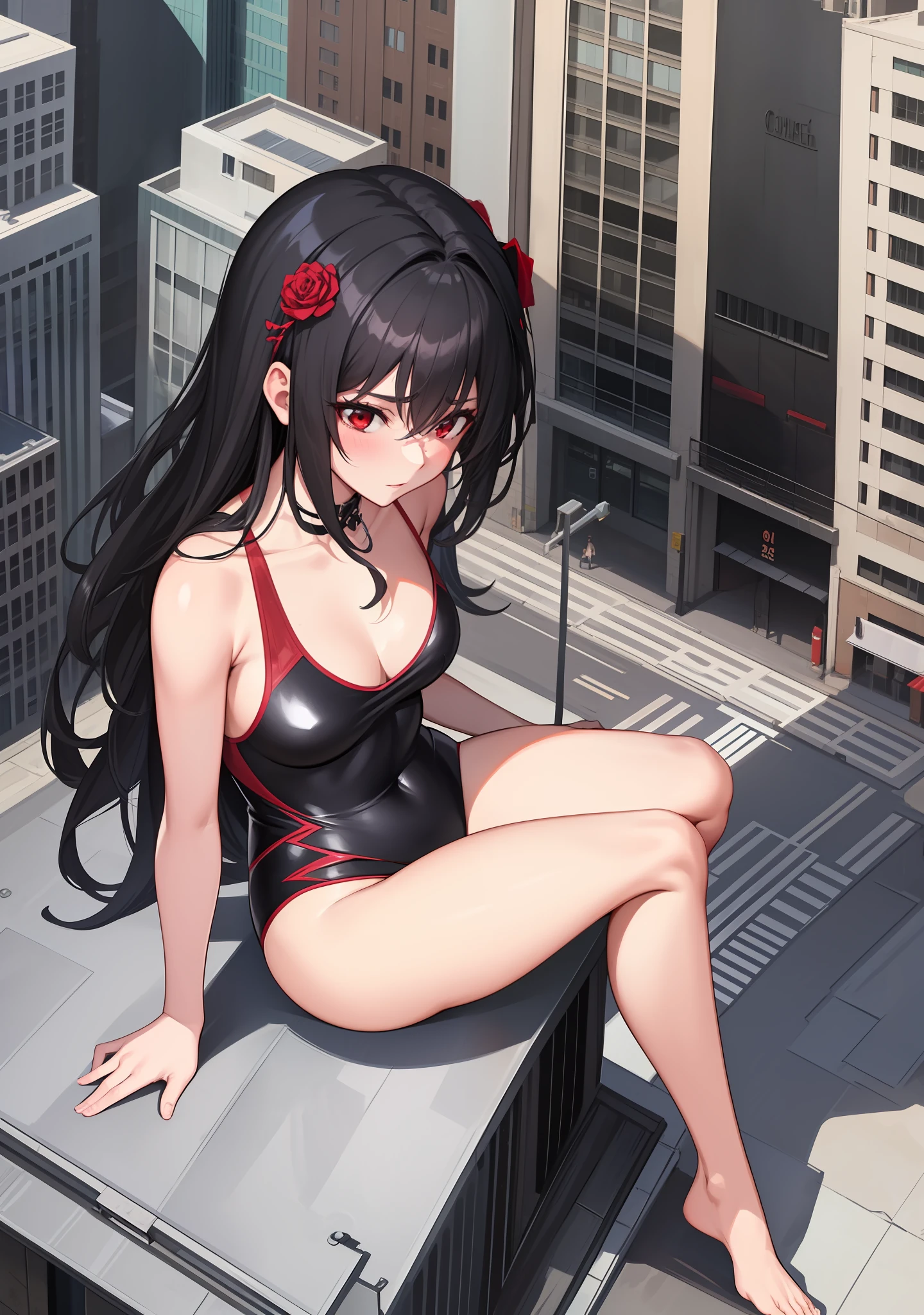 1girl, gtscity, a beautiful mature woman sitting on a small building, black hair and red eyes, one-piece swimsuit, looking down at the villain in the small city, naked, beautiful, barefoot, detailed, anime style, detailed