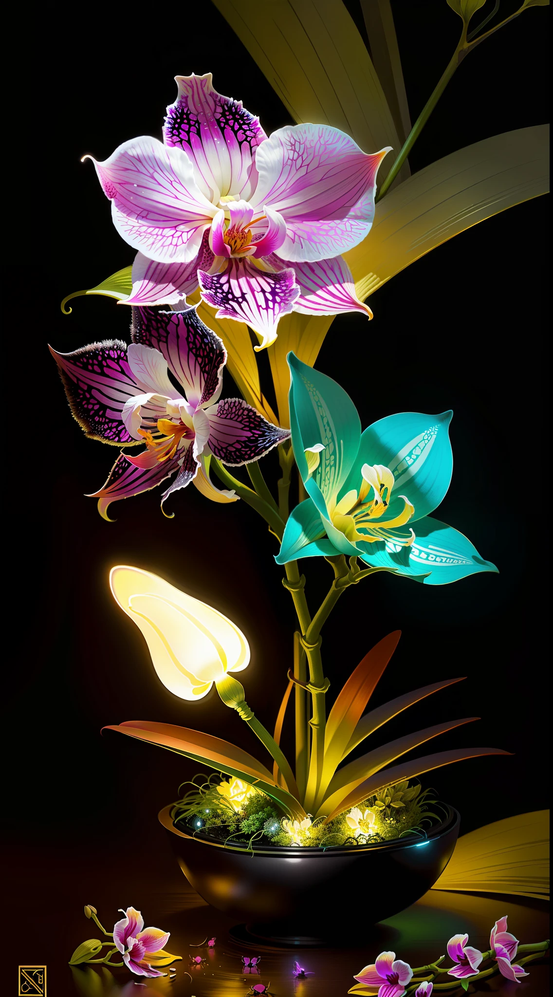 Ant nest filled with glow in the dark orchids, art, fantasy