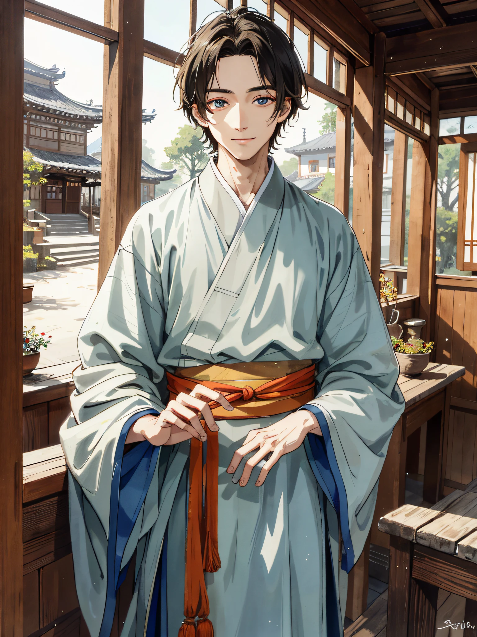 Absurd, high definition, super detailed, texture details, clear presentation, HD details, detail performance, fine details, clear face, precise restoration, clear eyeballs, (1 person: 1.3), hand-drawn, simple lines, an 18-year-old man in colorful Hanfu, standing in an ancient wooden house, masterpiece, interior, smiling