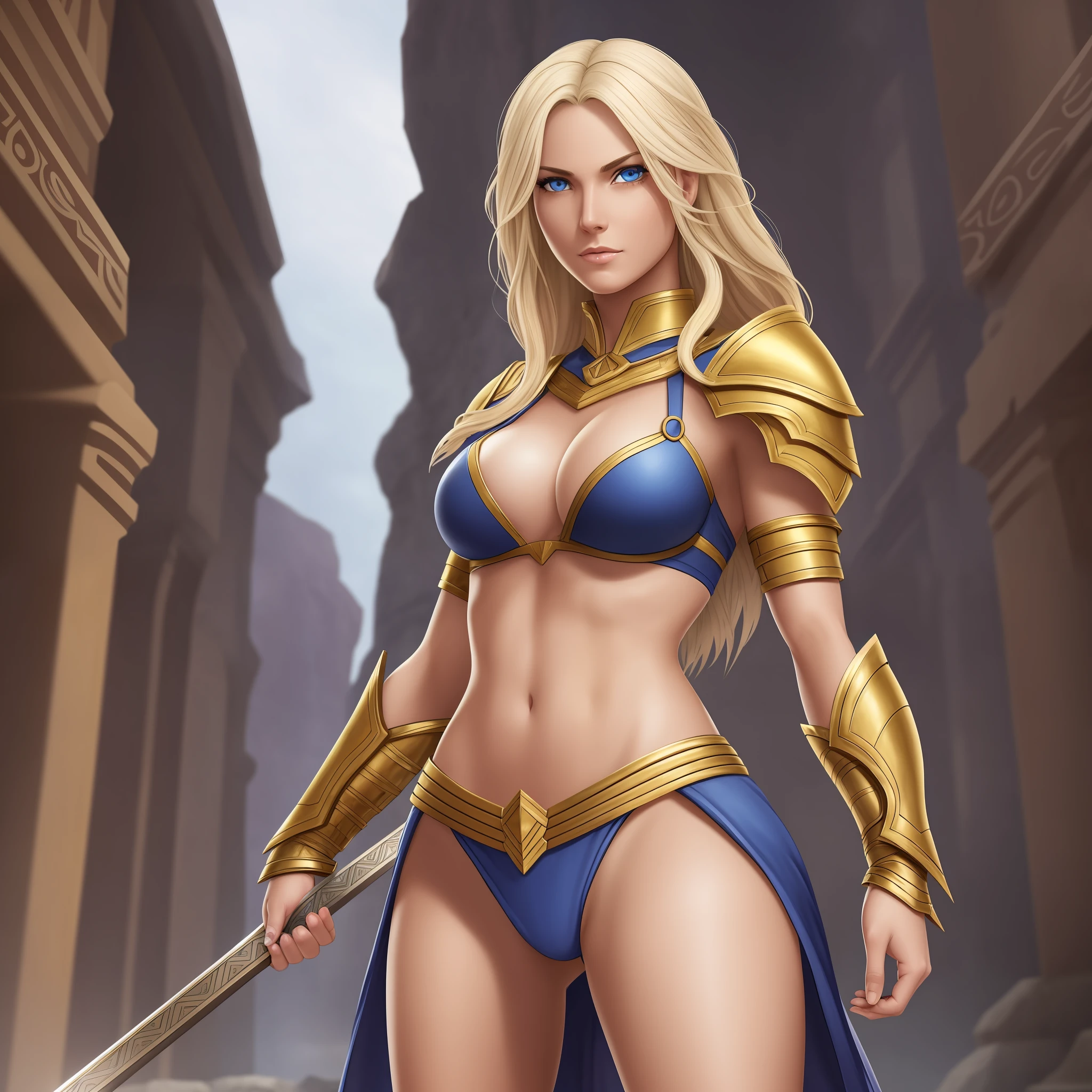 a female gladiator, blue eyes, blond hair, fair skin, amazingly gorgeous beauty, stern and determined, tall and slender, abs, a pair of long perfect legs, black bikini armor with golden borders, ready for fatal battle, in ancient arena full of enthusiastic audience, many blood stains on arena, epic fantasy art, Super accurate and ultra-precise hand depiction, photorealistic, super high quality, super high detail, masterpiece, 4k, 8k, HDR