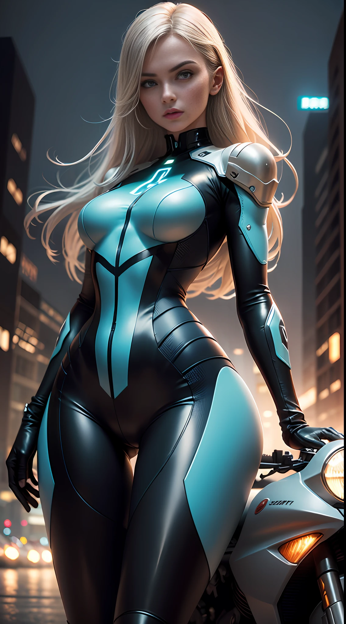 Sexy european woman, futuristic suit with pockets and shoulder straps, small led lights attached to the suit, alien spaceship driving, riding motorcycle, motorcycle, motorcycle beauty, streets with futuristic cities, artwork, high resolution, shot on DSLR, detailed face, sexy hips, amazing body, amazing legs, cinematography, maximum detail, neutral color, HDR, pastel color, soft cinematic light, crazy detail, intricate detail, hyper detail, beauty, shot with Hasselblad , sharp, degrees of freedom, (edge illumination), full body, skin pores, long black flowing hair,