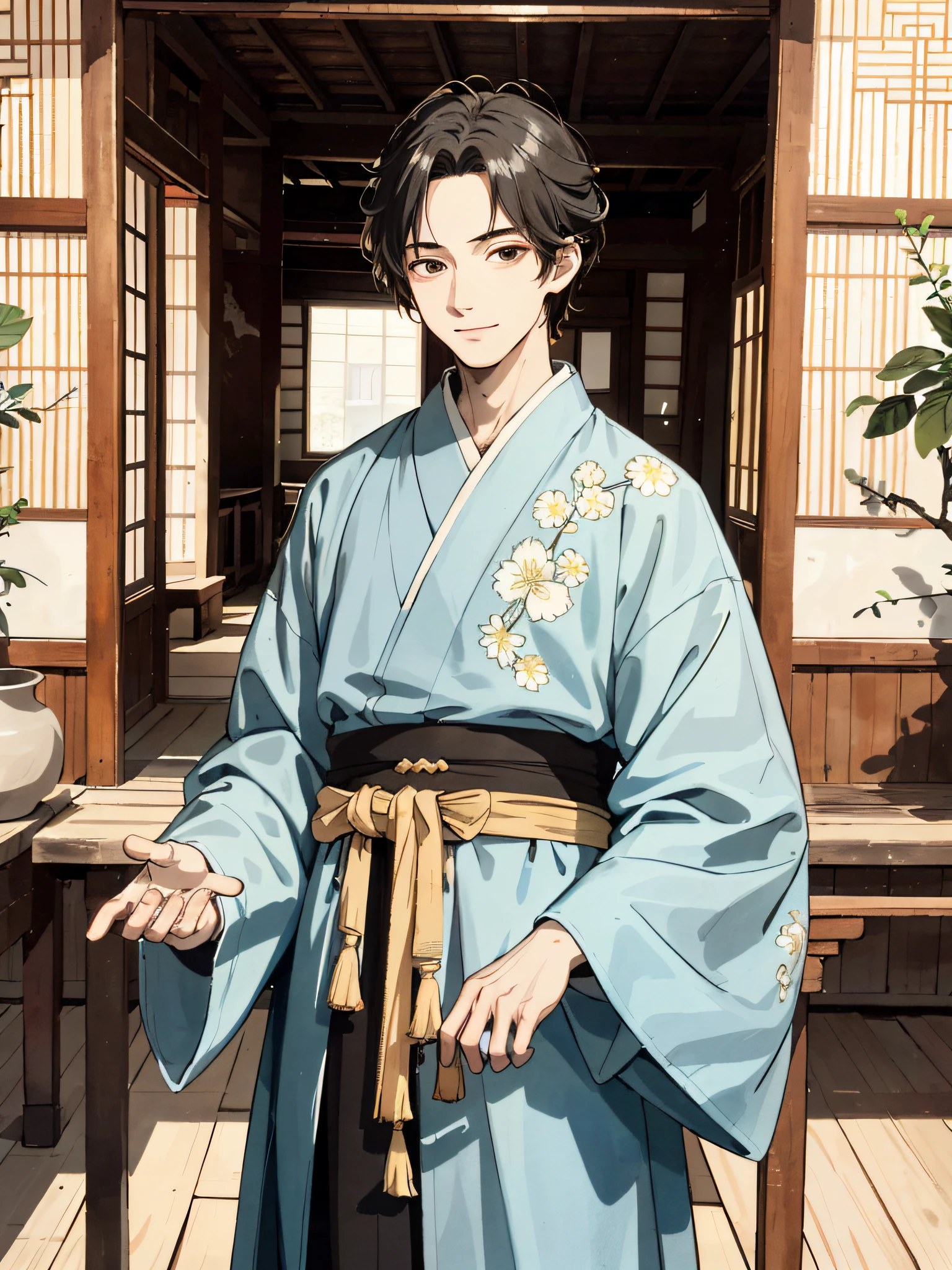 Absurd, high definition, super detailed, texture details, clear presentation, HD details, detail performance, fine details, clear face, precise restoration, clear eyeballs, (1 person: 1.3), hand-drawn, simple lines, an 18-year-old man in colorful Hanfu, standing in an ancient wooden house, masterpiece, interior, smiling