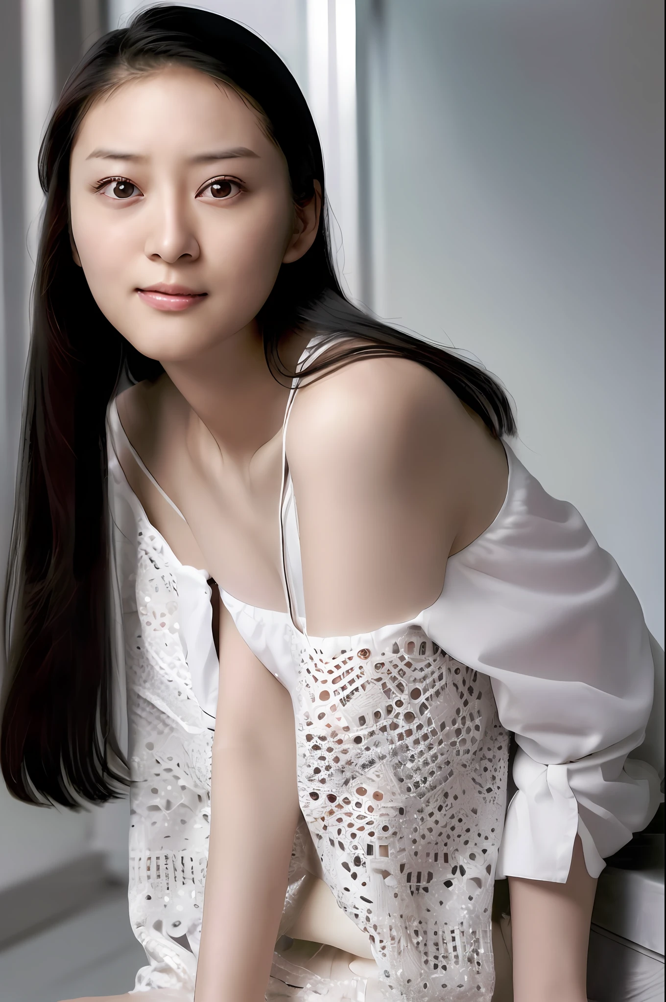 (4k,   best quality, highres:1.2), (realistic, photo-realistic:1.37),  Emi Takei, 1girl, solo,   black_hair, long hair, realistic, (looking_at_viewer:1.3),   dress, lips, nose, detailed eyes, (pale skin:1.3),