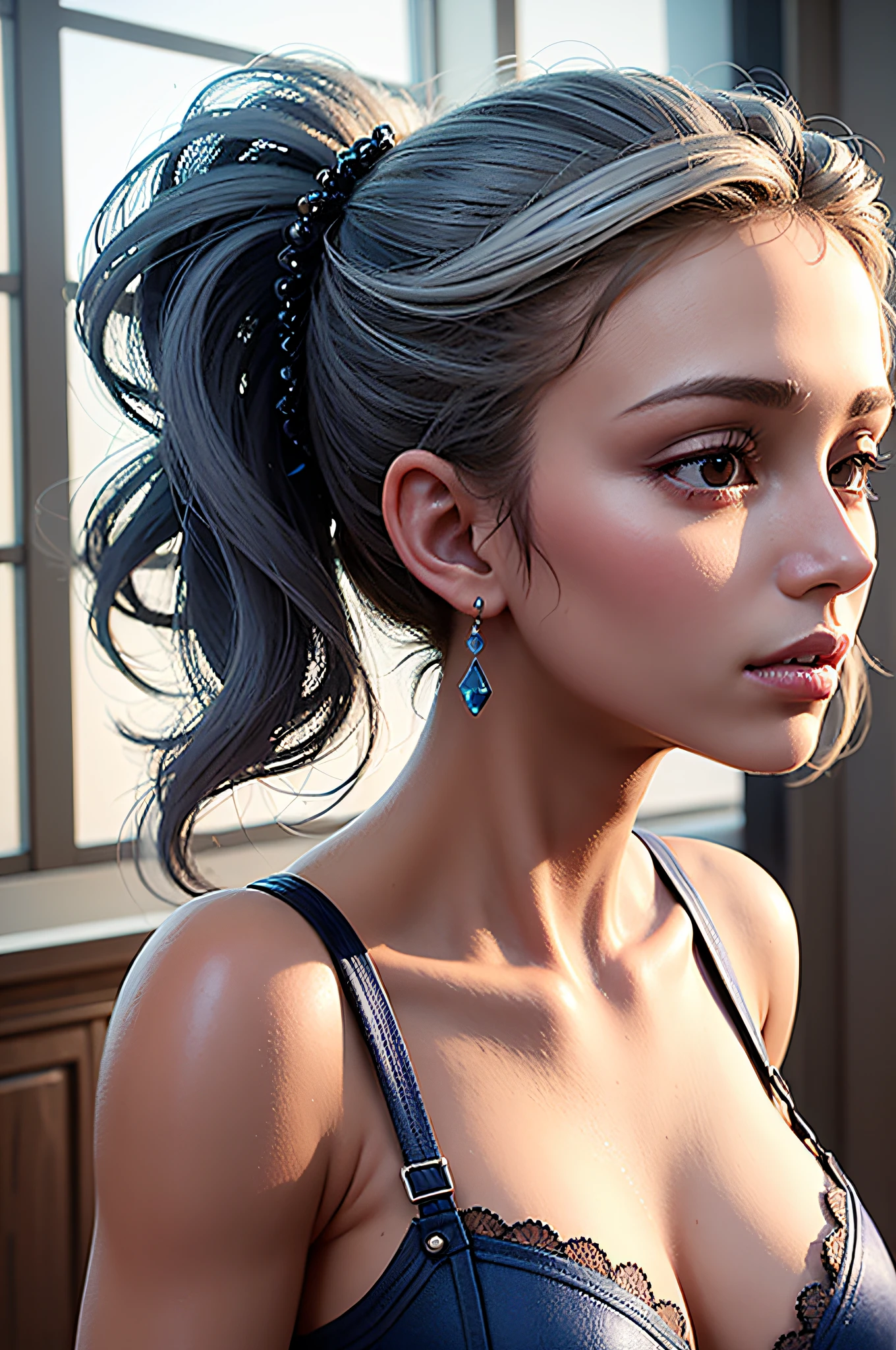 ((blue corset dress)), (best quality, masterpiece: 1.2), ultra high resolution, realistic, front lighting, intricate details, exquisite details and textures, body portrait, one girl, solo, (young), face highlights, upper body, detailed face, teardrop mole, shiny skin, silver hair, ponytail, braid hair, look viewer, big eyes, ((blue corset dress) ), earrings, small breasts, slim body, beautiful background (city hotel room: 1.2), window edge, professional lighting, photon mapping, radiosity, physically based rendering, ((hair bunched up on head)), huge, {{{masterpiece, best quality, illustration,game_cg}}}}, (hair bunched up on head), sexy, cinematic, beautiful background, Body Portrait --auto --s2