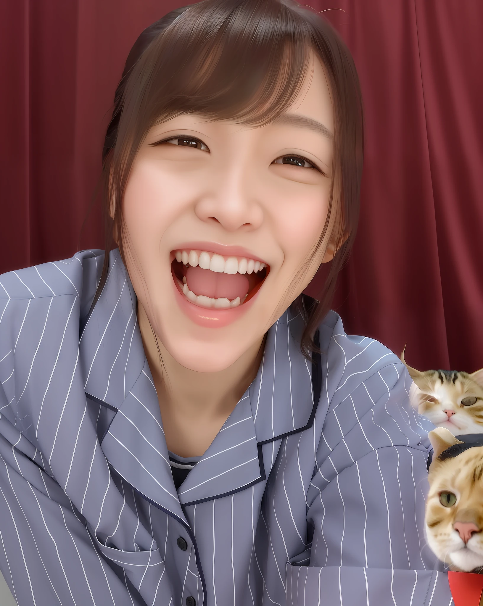 alafed asian woman with a cat with a smile, , lovely smile, profile picture, she expresses joy, underwear,