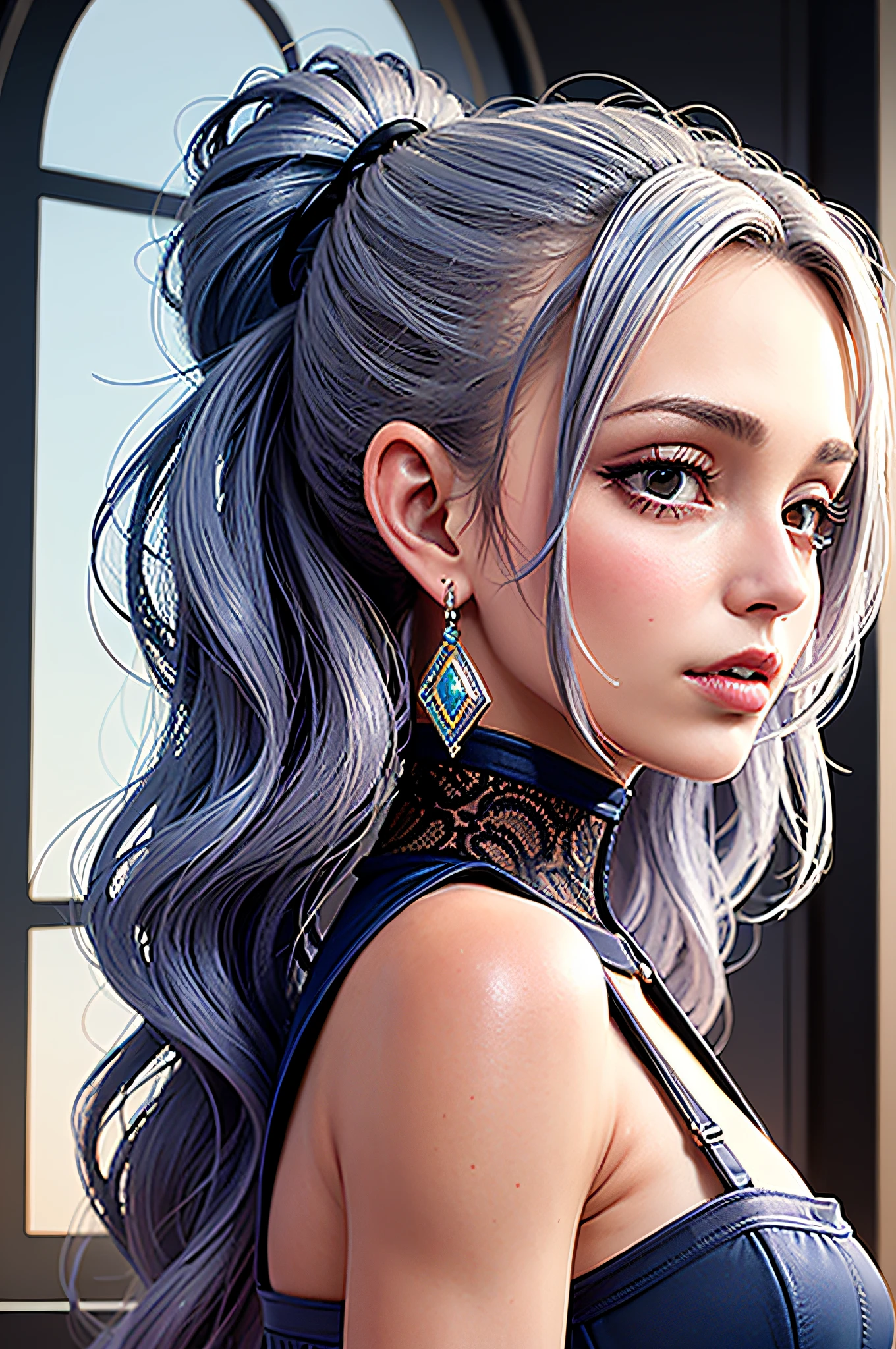 ((blue corset dress)), (best quality, masterpiece: 1.2), ultra high resolution, realistic, front lighting, intricate details, exquisite details and textures, body portrait, one girl, solo, (young), face highlights, upper body, detailed face, teardrop mole, shiny skin, silver hair, ponytail, braid hair, look viewer, big eyes, ((blue corset dress) ), earrings, small breasts, slim body, beautiful background (city hotel room: 1.2), window edge, professional lighting, photon mapping, radiosity, physically based rendering, ((hair bunched up on head)), huge, {{{masterpiece, best quality, illustration,game_cg}}}}, (hair bunched up on head), sexy, cinematic, beautiful background, Body Portrait --auto --s2