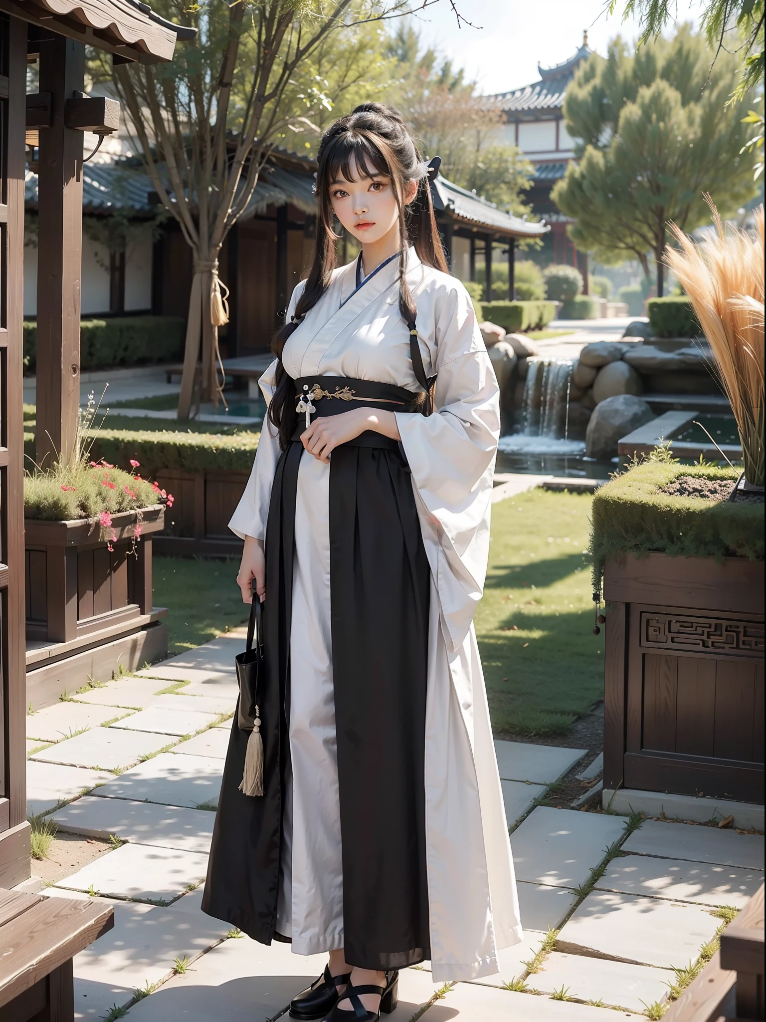 Excellent, ((Willow)), Full Body, 1girl, Standing, Hanfu, Detailed Eyes, (Big Breasts: 1.2), Peaceful, Looking at the Audience, (Qi Bangs), Masterpiece, Realism