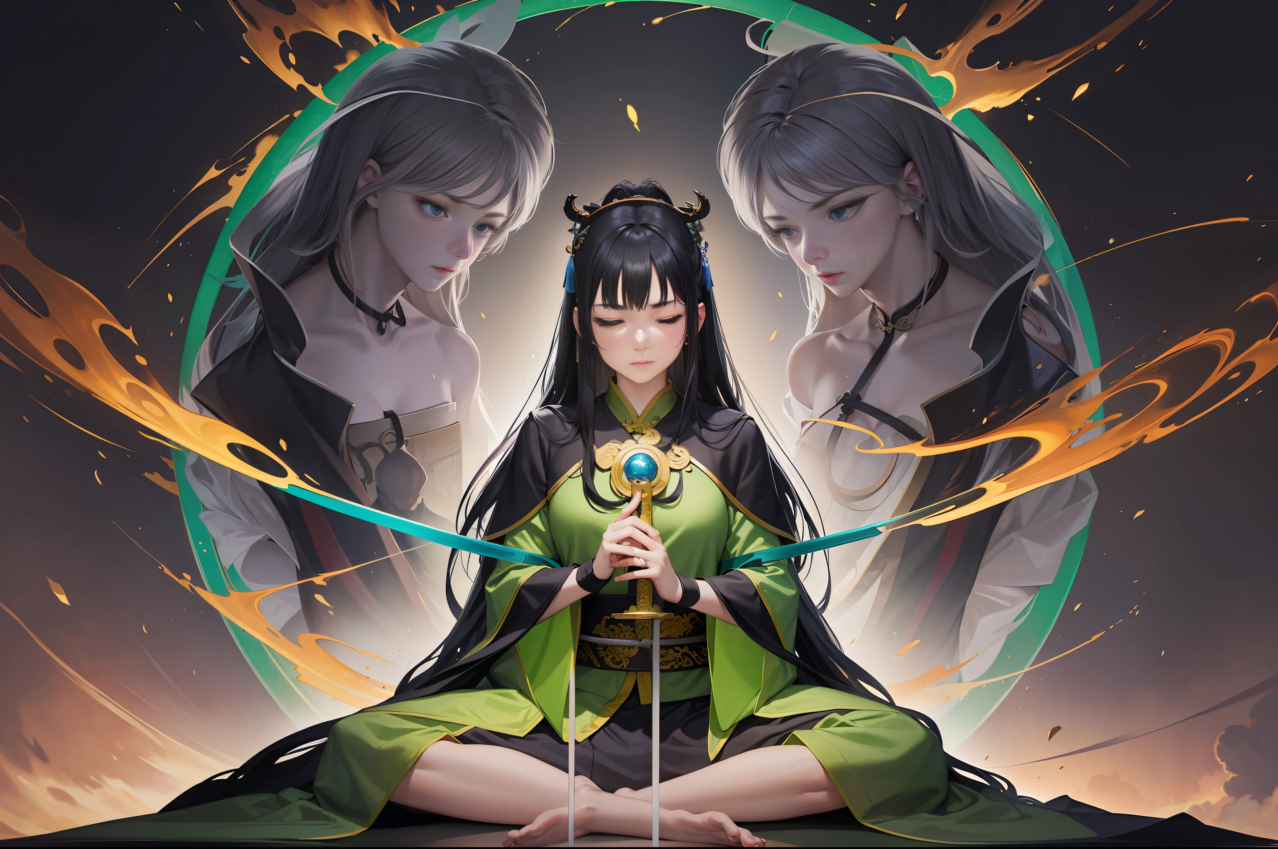 Tall and tall, ancient Chinese style, Chinese martial arts. A 16-year-old girl, sitting cross-legged, sitting on the altar, eyes closed, a glowing big sword rising behind her, a very large sword, luminous exercises, internal skills, fantasy, many people under the Xiu Immortal Platform, long black hair, a green martial arts robe, green martial arts robe, full body picture. The facial resolution is extremely high, the facial features are clear, and the competition field is large. Outdoor martial arts training ground, many people, no buildings. {Scenery is a super big sword, infrared photography, otherworldly tones, surreal landscapes, pulsed light, ethereal light, vivid colors, ghost effects), (double exposure, layered images, mixed visuals, overlapping composition, fantastic illusions, poetic narratives), bright colors}