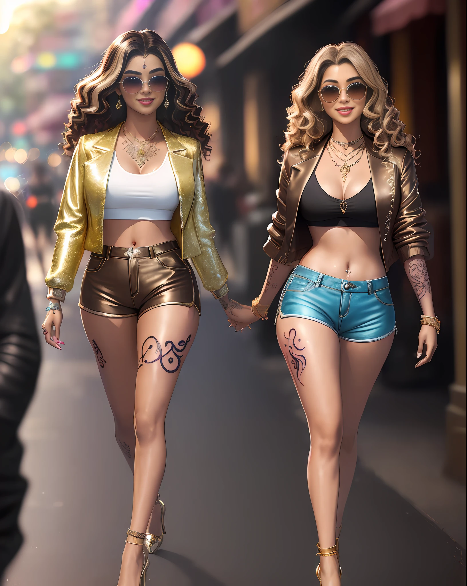 (masterpiece photography of a solo:1.2) alluring sexy tall curvy (18 yr old) Aishwarya Lekshmi walking in style on a street, (wearing Blingy jewel encrusted jacket & shimmering shorts & heels:1.3), (blingy sunglasses:1.3), hip hop energy, (indian makeup & jewelry:1.2),(perfect short brown wavy hair with highlights:1.4), vivacious, lustful glance, exhilarated (beautiful detailed eyes:1.1), (heavily tattoed:1.3) , (flirty bright smile:1.2), blingy shopping district, (dramatic lighting:1.2), cinematic render, backlit, light rays, highly detailed, trending on artstation, paint splashes, rich colour, dazzling lights all around, abstract portrait, by Atey Ghailan