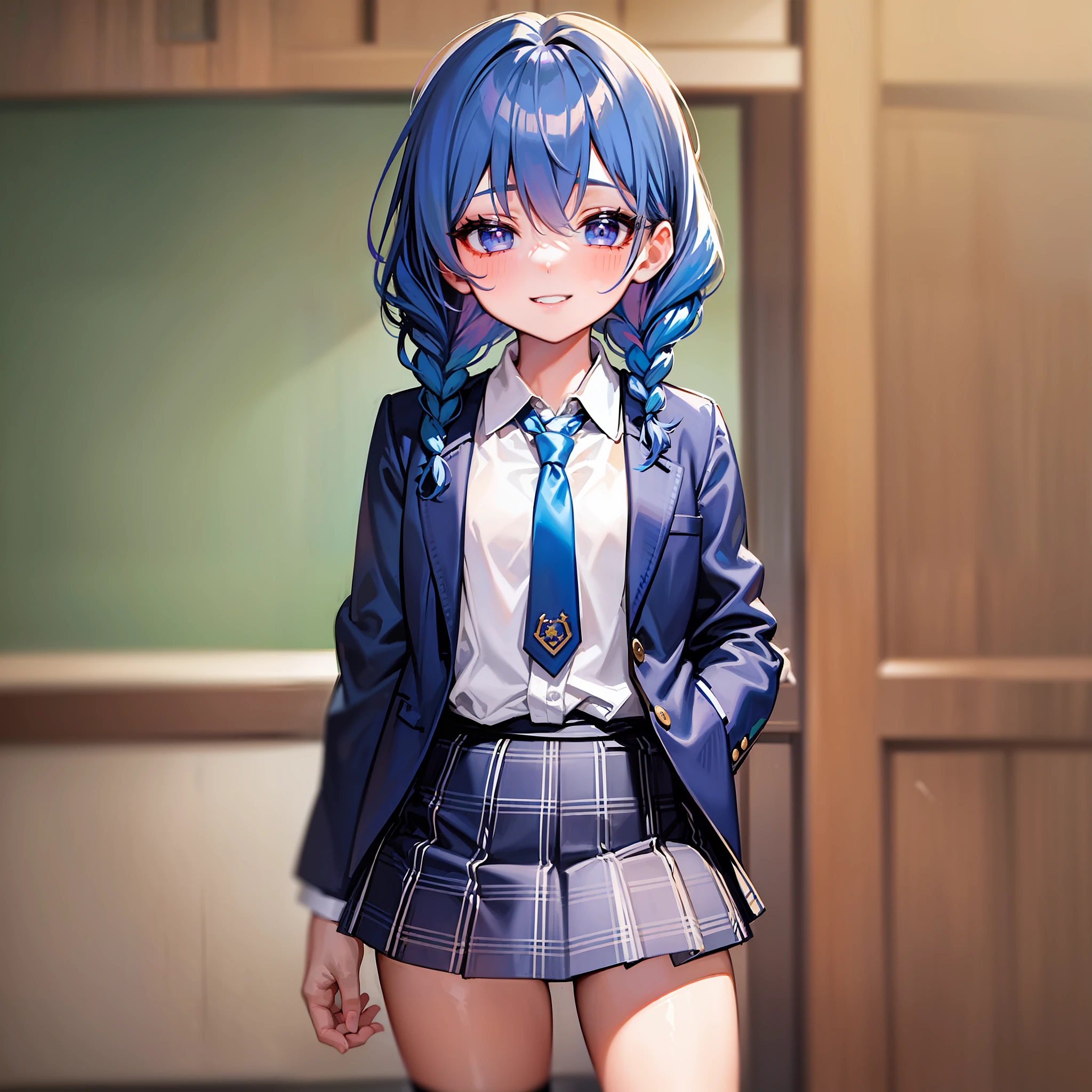 ((masterpiece, best quality, animate_style, very detailed)), 1female_child, solo, skinny, flat_chest, kawaii, smile, blue_hair, medium_hair, twin_braids, darkblue_eyes, school_uniform, blue_necktie, darkblue jacket, plaid_skirt, full_body, standing, looking_at_viewer