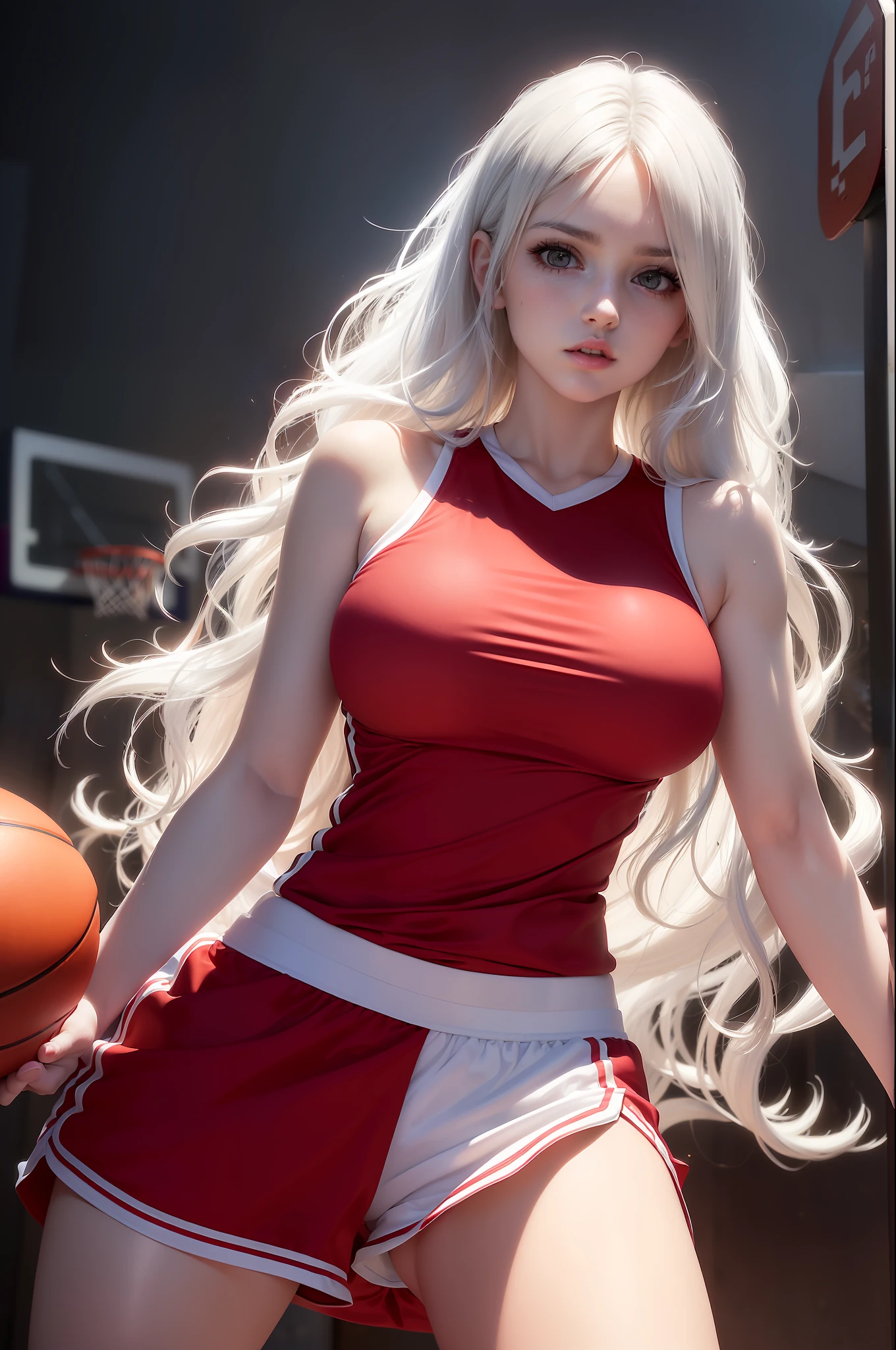 realistic, (cute appearance, perfect proportions, bright eyes, light makeup, big black eyes, soft face line) white hair, big black eyes, parted lips, shyness, sun, sunlight, (masterpiece, realistic, high resolution), ((1 girl): 1.2, frolicking with each other), ((white big wavy long hair: 1.3)), (basketball baby, red loose basketball top, red basketball shorts, sneakers, youthful beauty), ((big breasts): 1.5, thin waist: 1.2, strangle: 1.3, fair and moist skin), basketball court, fierce ball grab, sweat, (hazy charm, ambiguous atmosphere, dreamy background, fairy tale world: 1.2)